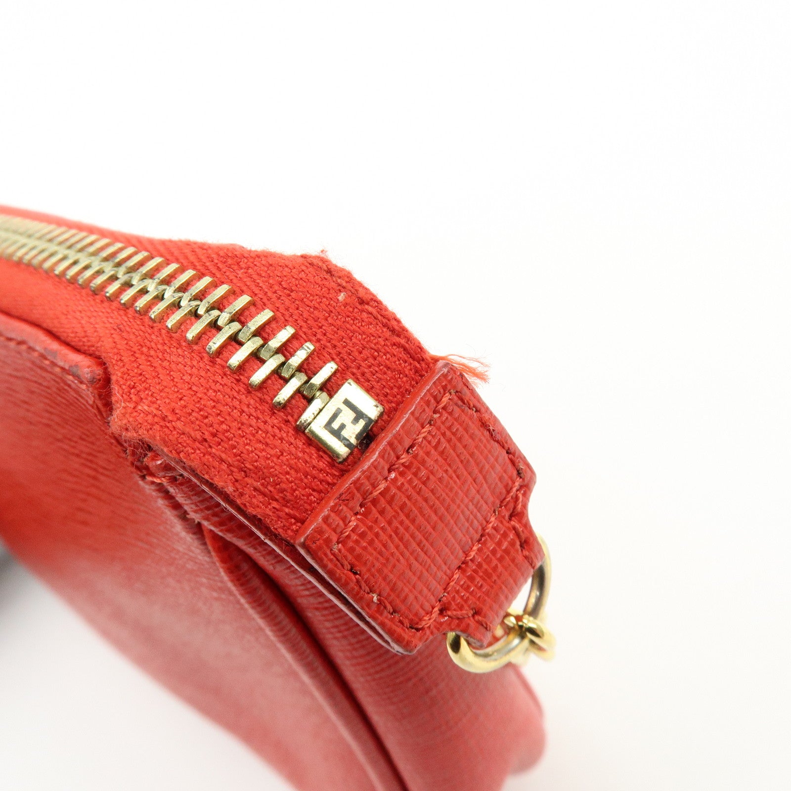 FENDI Embossed Leather Chain Accessary Pouch Hand Bag Red 8M0271