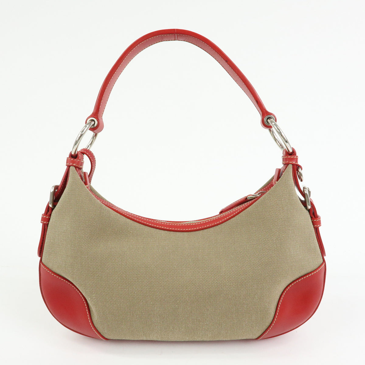 PRADA Logo Jacquard Leather Shoulder Bag Hand Bag Beige Red BR3429