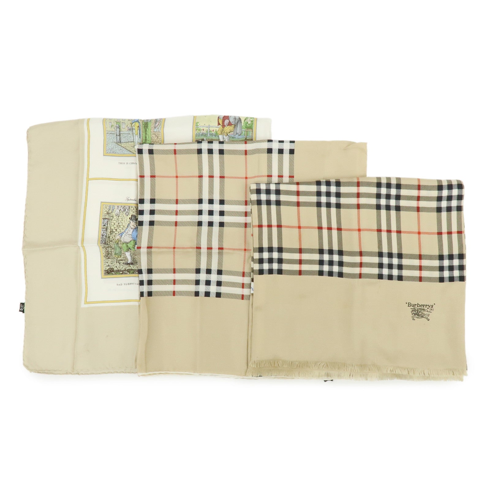 BURBERRY Set of 3 Nova Plaid Silk 100% Scarf Beige Ivory