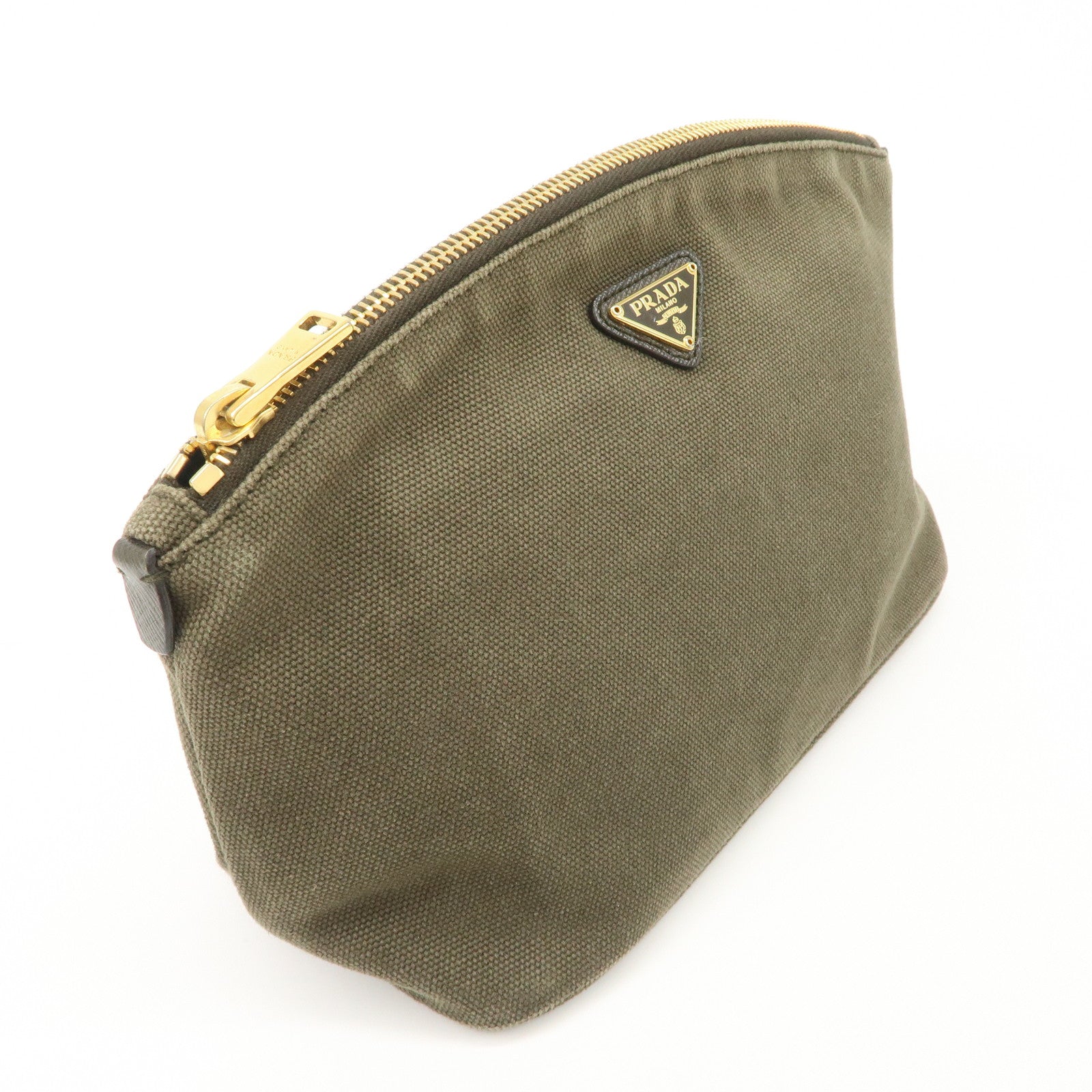 PRADA Triangle Logo Canvas Leather Cosmetic Pouch Khaki 1N1857 Used