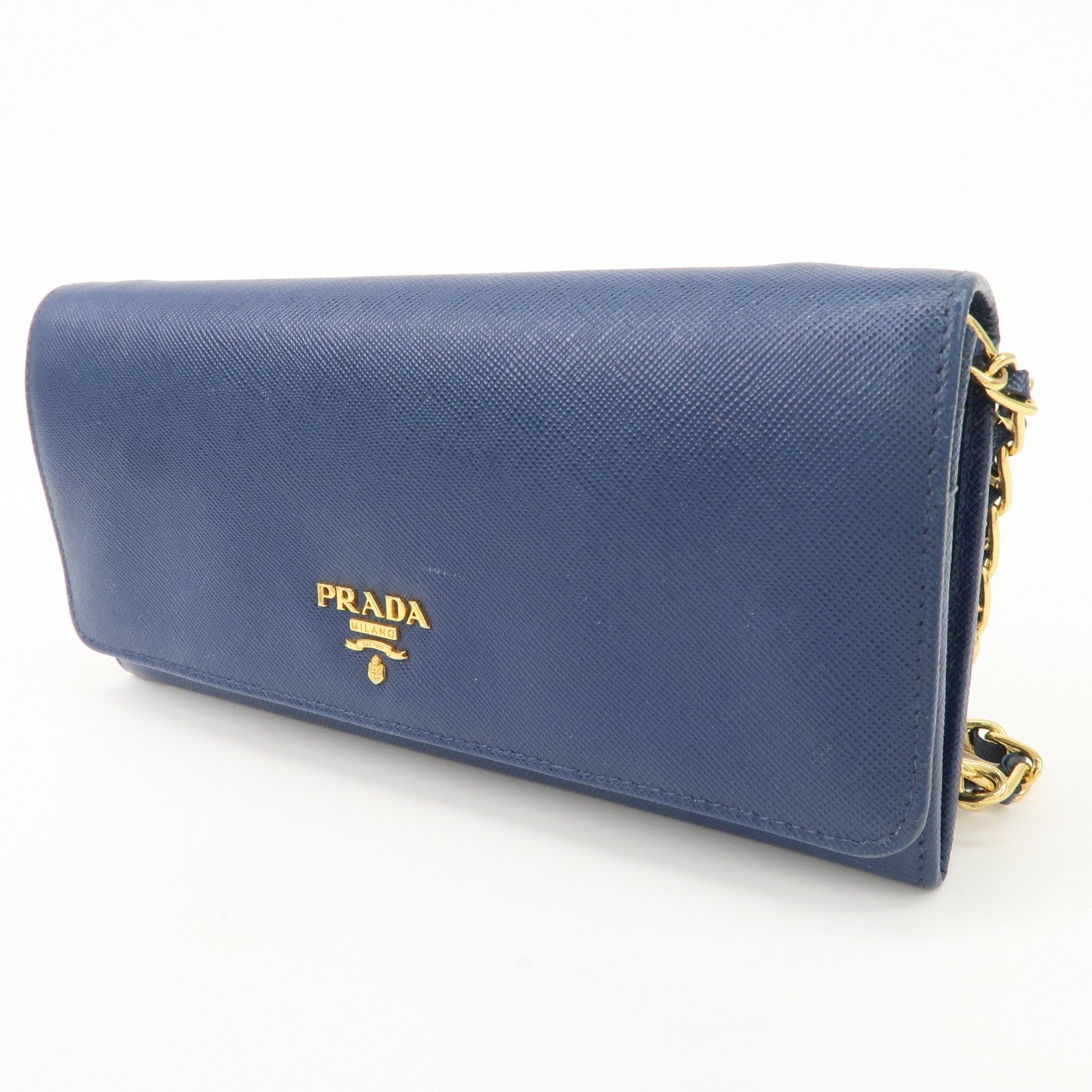 PRADA Logo Leather Chain Wallet WOC Blue Gold Hardware 1MT290 Used
