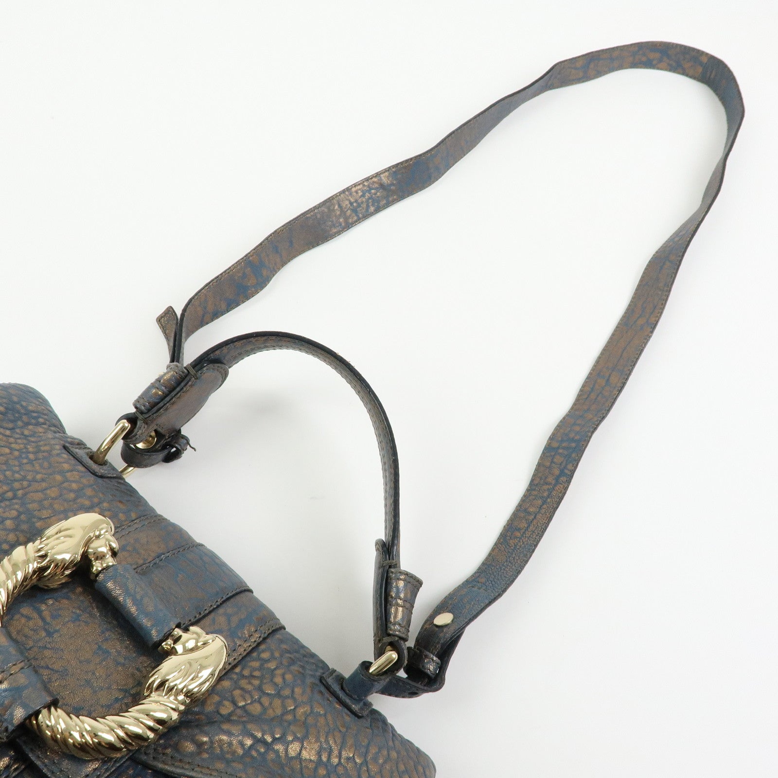 BVLGARI Leoni Leather Top Handle 2Way Bag Shoulder Bag Blue Bronze