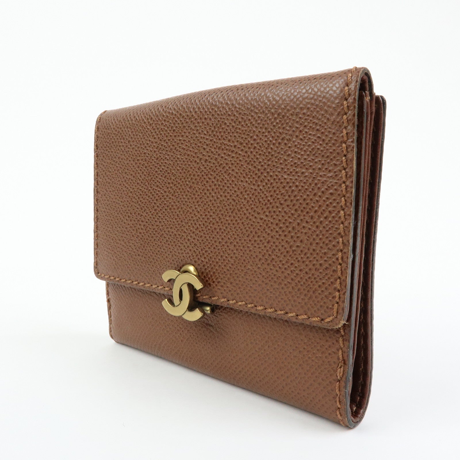 CHANEL COCO Mark Leather Bi-fold Compact Wallet Brown Gold