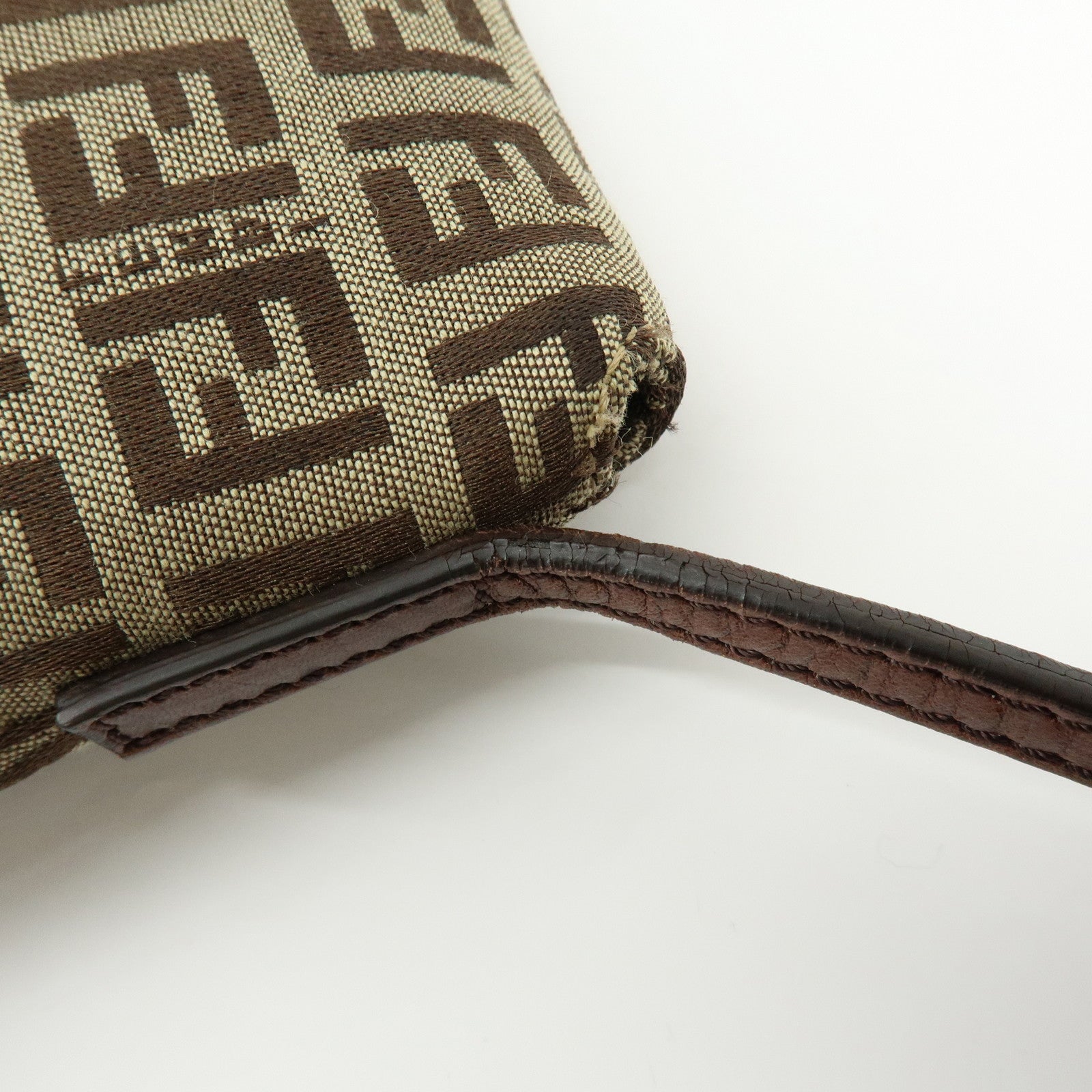 FENDI Zucchino Canvas Leather Shoulder Bag Beige Brown 8BT075