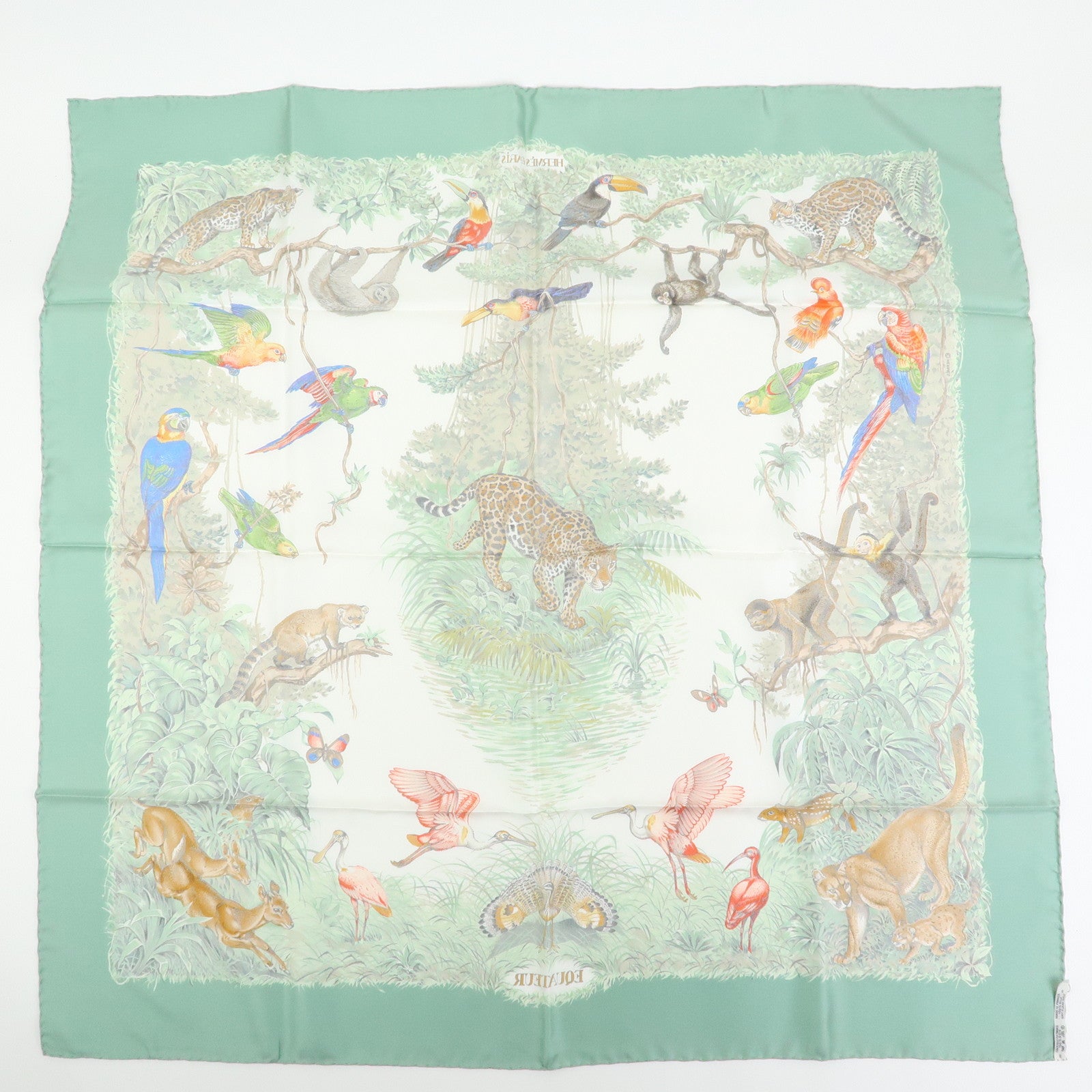 HERMES Carre 90 Silk 100% Scarf EQUATEUR Light Green Brown White