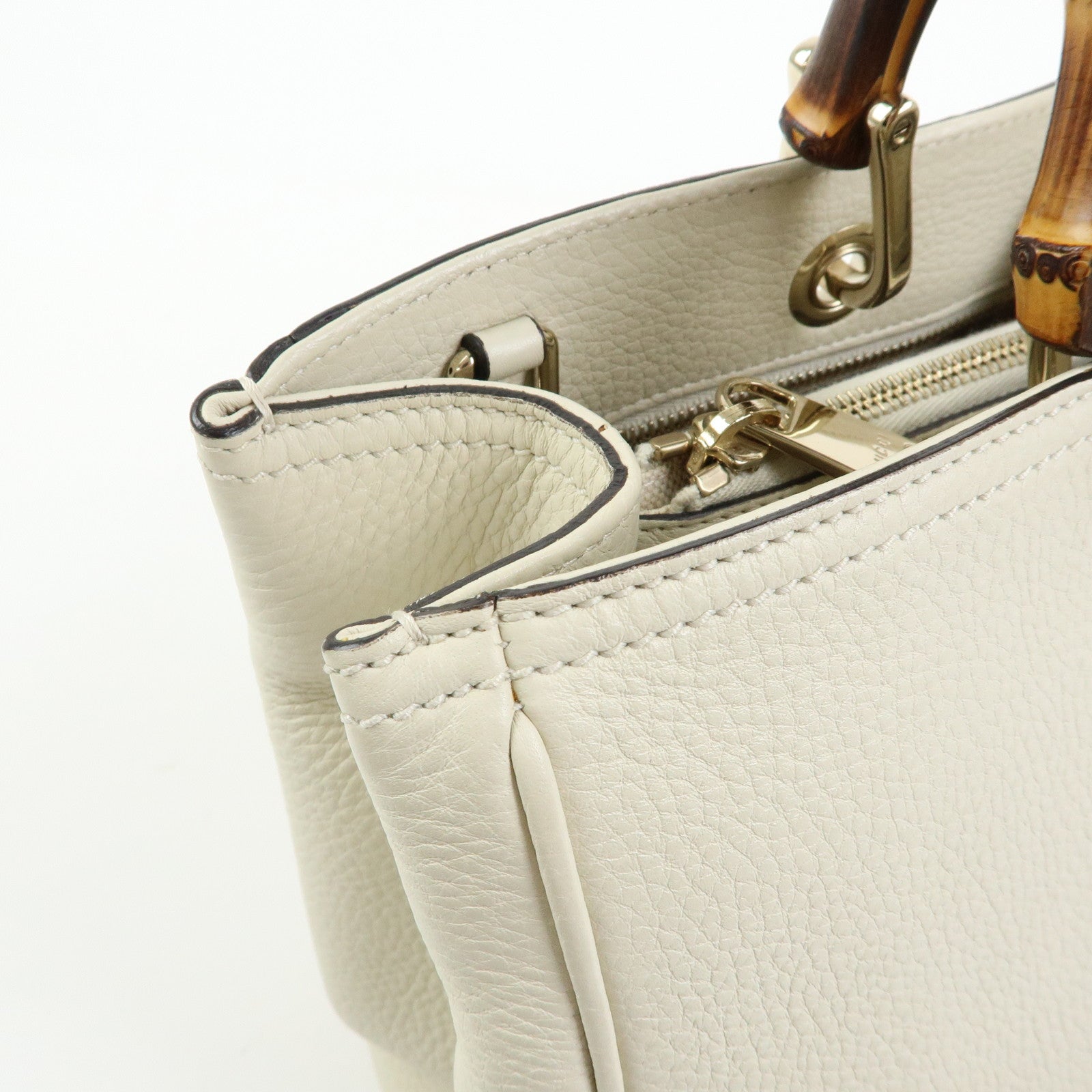 GUCCI Bamboo Shopper Medium Leather 2Way Bag Hand Bag White 323660