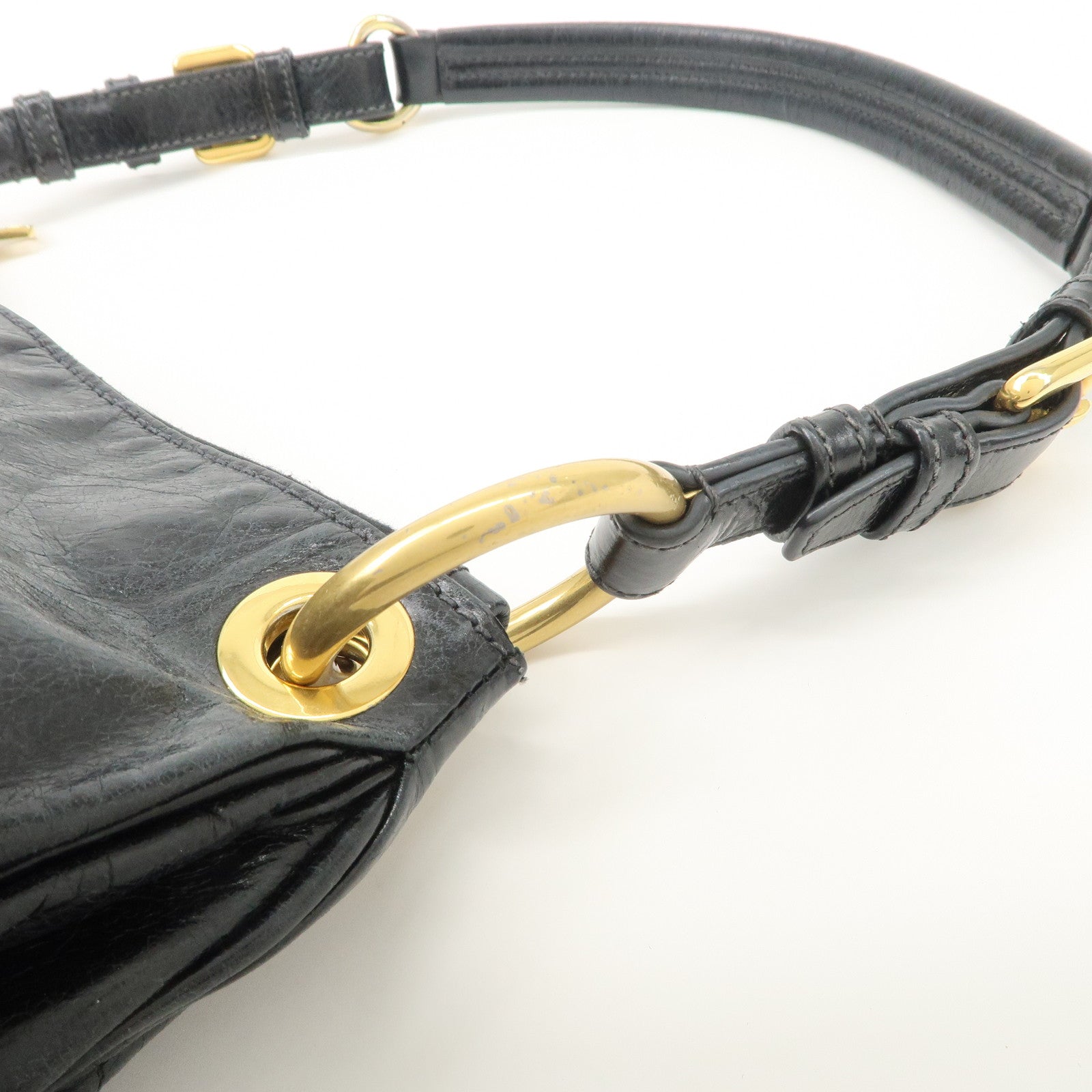 PRADA Logo Leather Shoulder Bag Hand Bag Gold Hardware Black Used