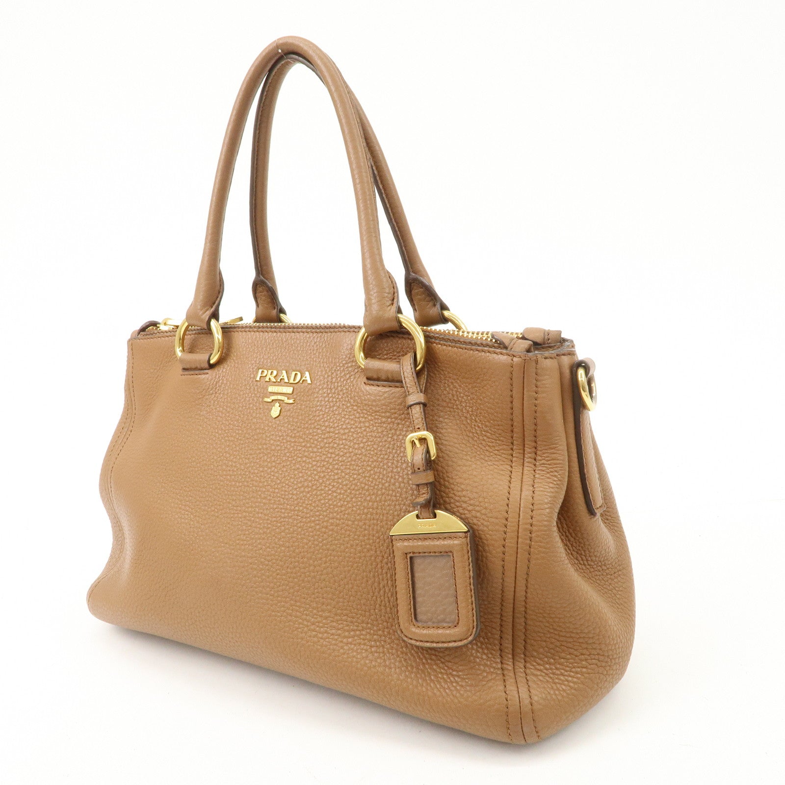 PRADA Logo Leather 2WAY Tote Bag Hand Bag Brown Gold Hardware Used