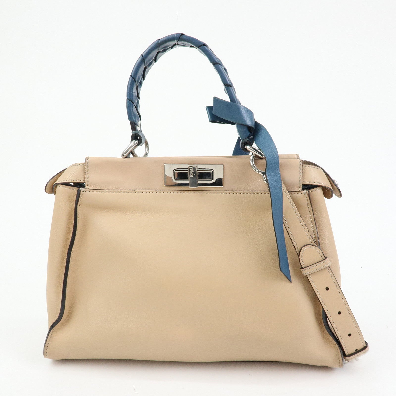 FENDI Peekaboo Medium Leather 2Way Bag Hand Shoulder Bag Beige 8BN290