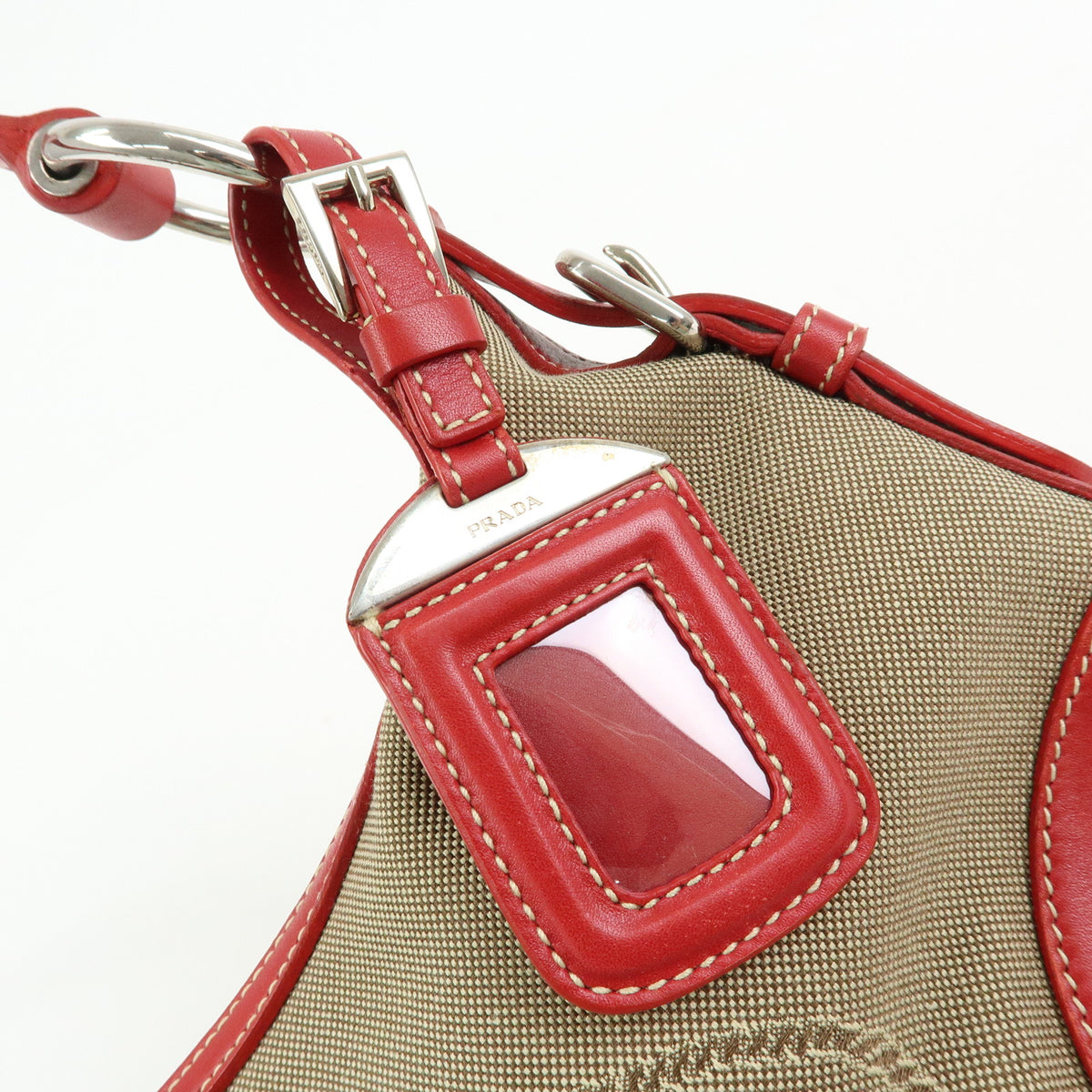 PRADA Logo Jacquard Leather Shoulder Bag Hand Bag Beige Red BR3429