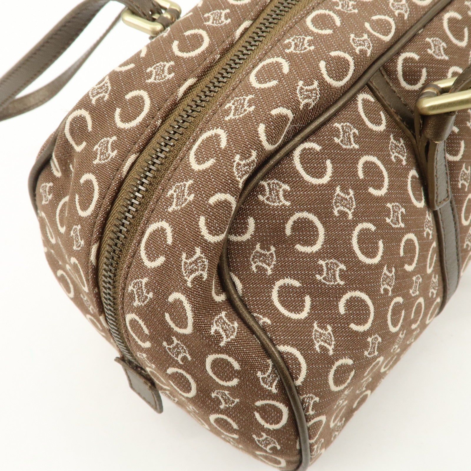 CELINE C Macadam Canvas Leather Boston Bag Hand Bag Brown White Used
