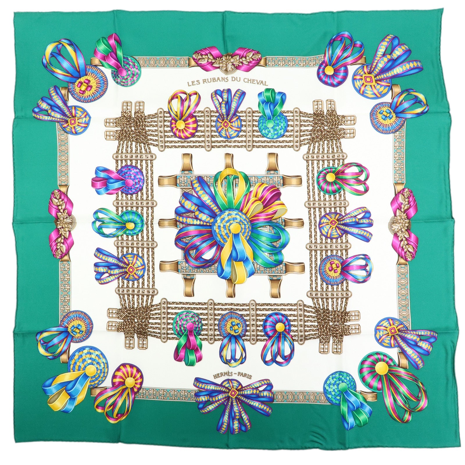 HERMES Carre 90 Silk 100% Scarf LES RUBANS DU CHEVAL Green White Blue
