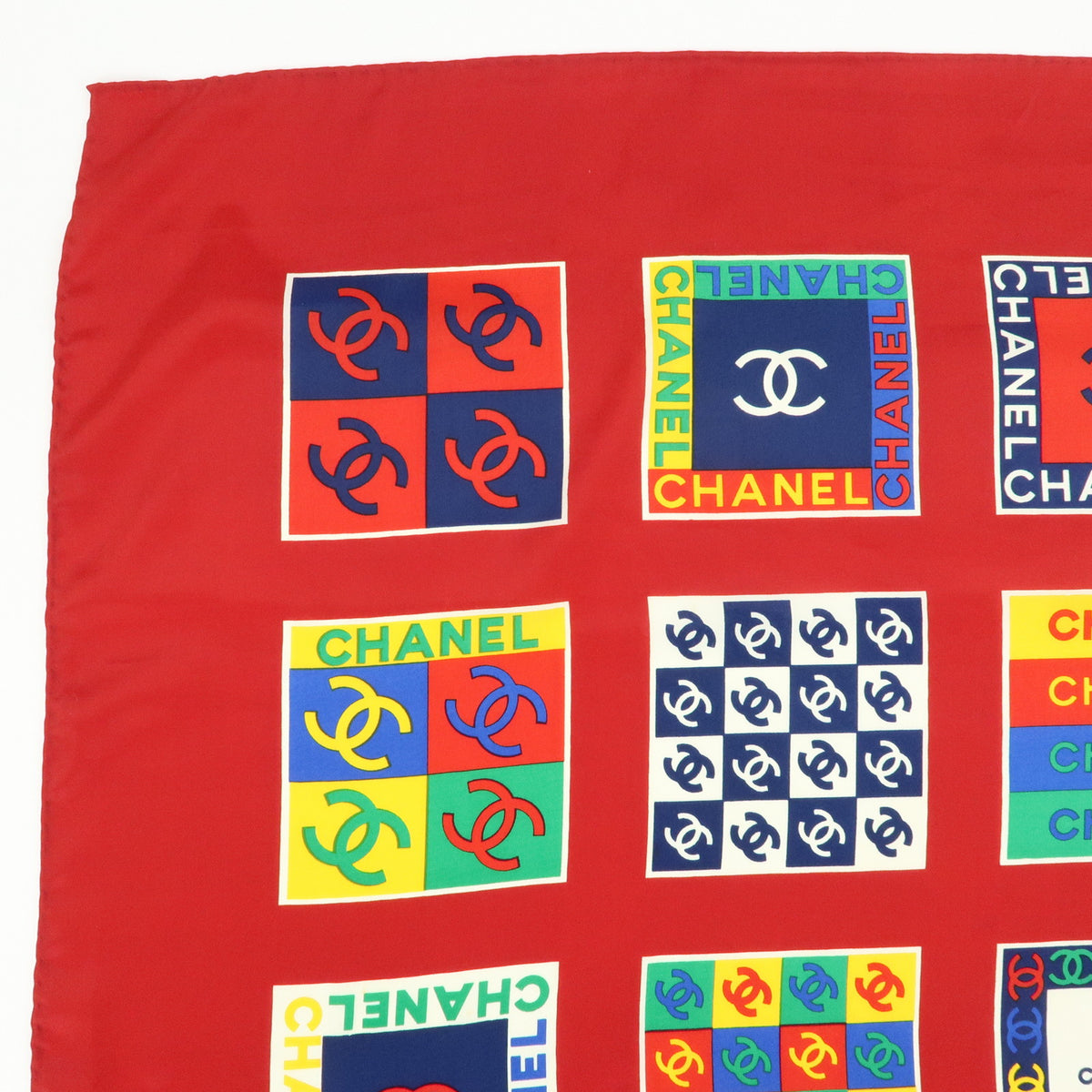 CHANEL COCO Mark Logo Silk 100% Scarf Red Multicolor