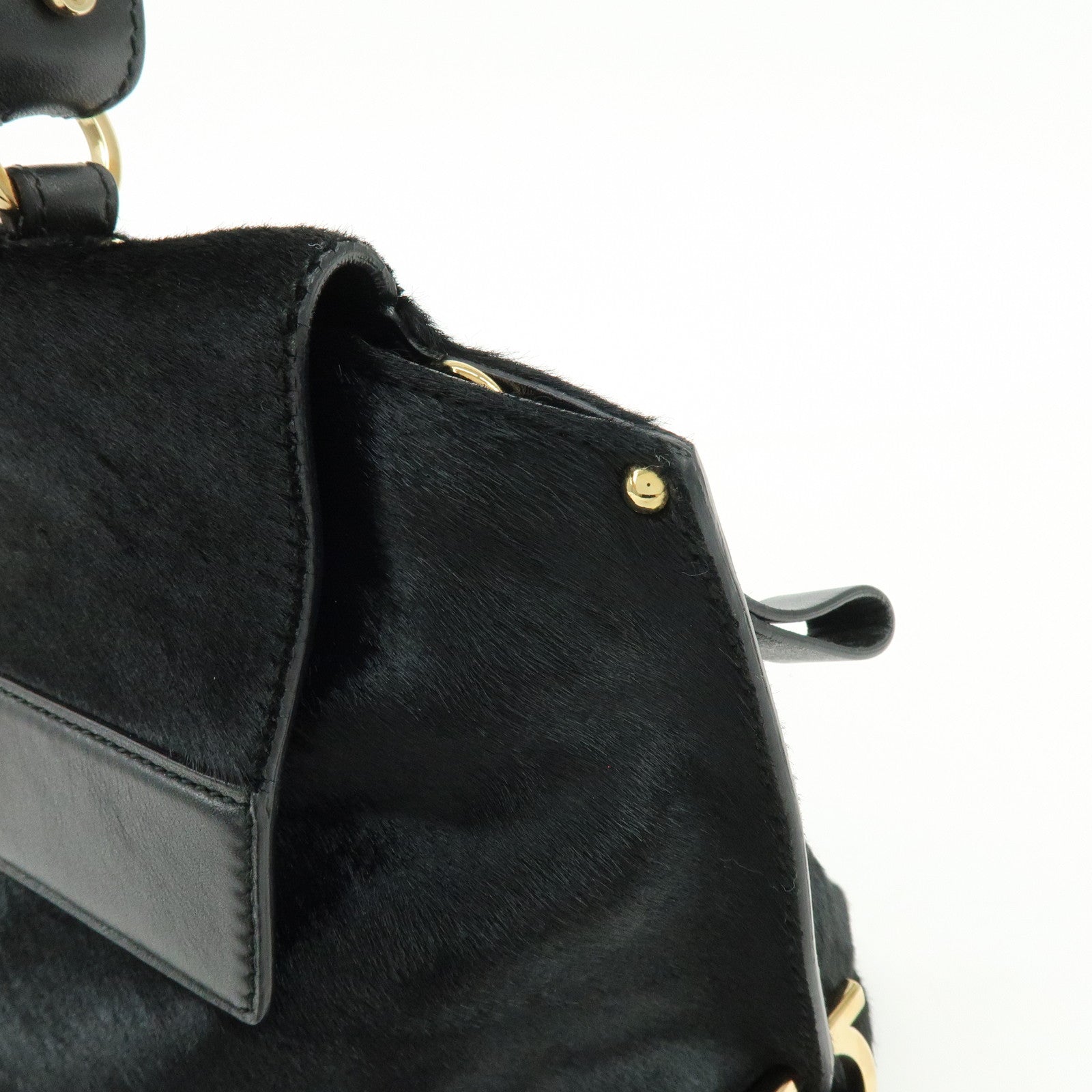 Ferragamo Gancini Unborn Calf Leather 2Way Bag Top Handle Bag Black