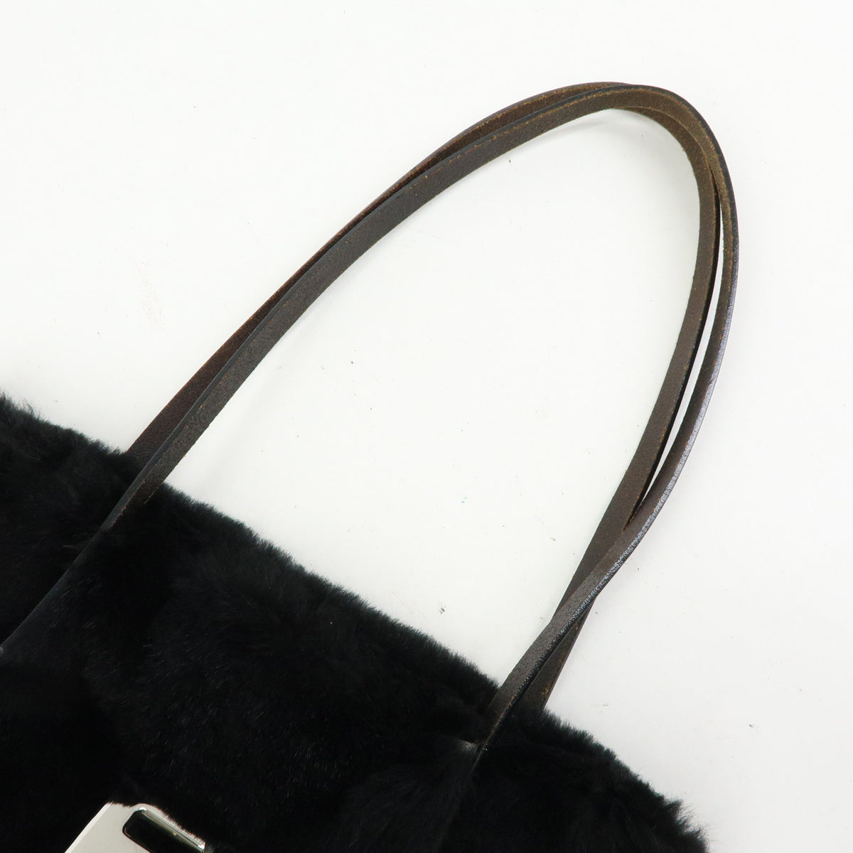 FENDI FF Logo Lapin Rabbit Fur Leather Shoulder Tote Bag Black 16001