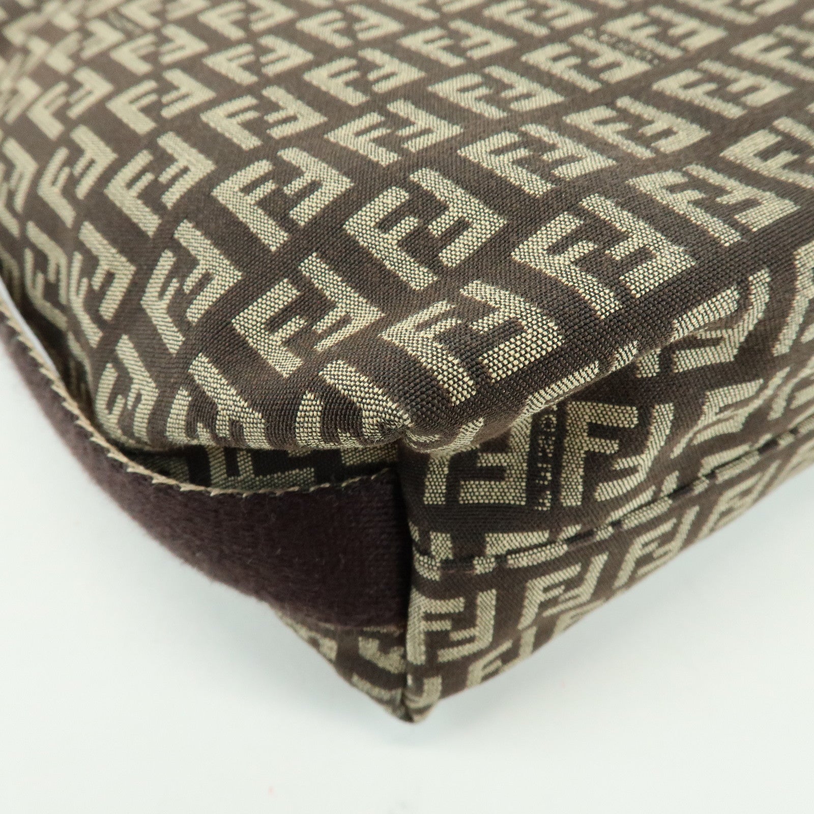 FENDI Zucchino Jacquard Canvas Leather Shoulder Bag Brown 8BR317
