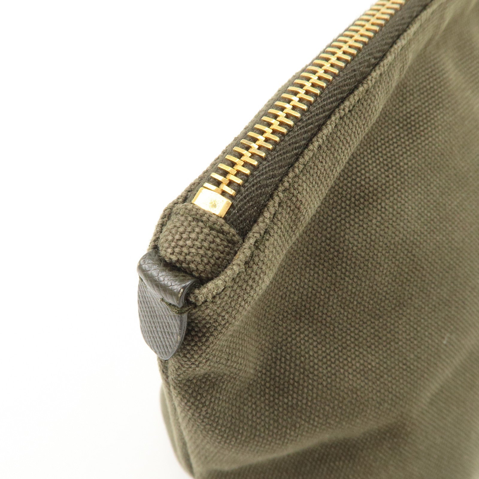 PRADA Triangle Logo Canvas Leather Cosmetic Pouch Khaki 1N1857 Used