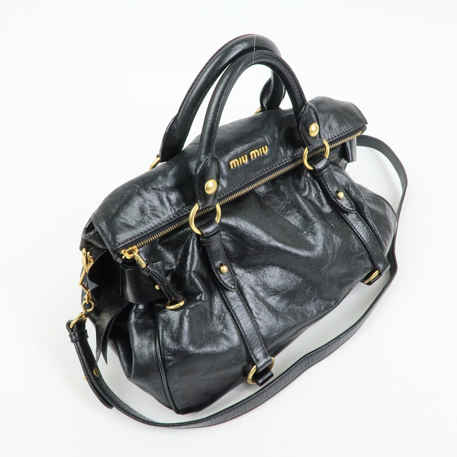 MIU MIU Leather Side Ribbon Large 2Way Hand Shoulder Bag Black RT0365