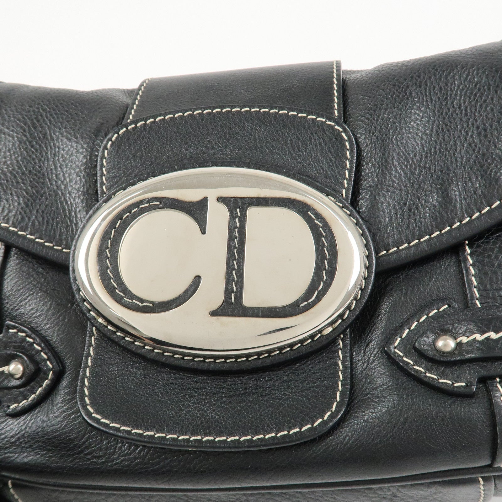 Christian Dior CD Logo Leather Shoulder Bag Hand Bag Black Used