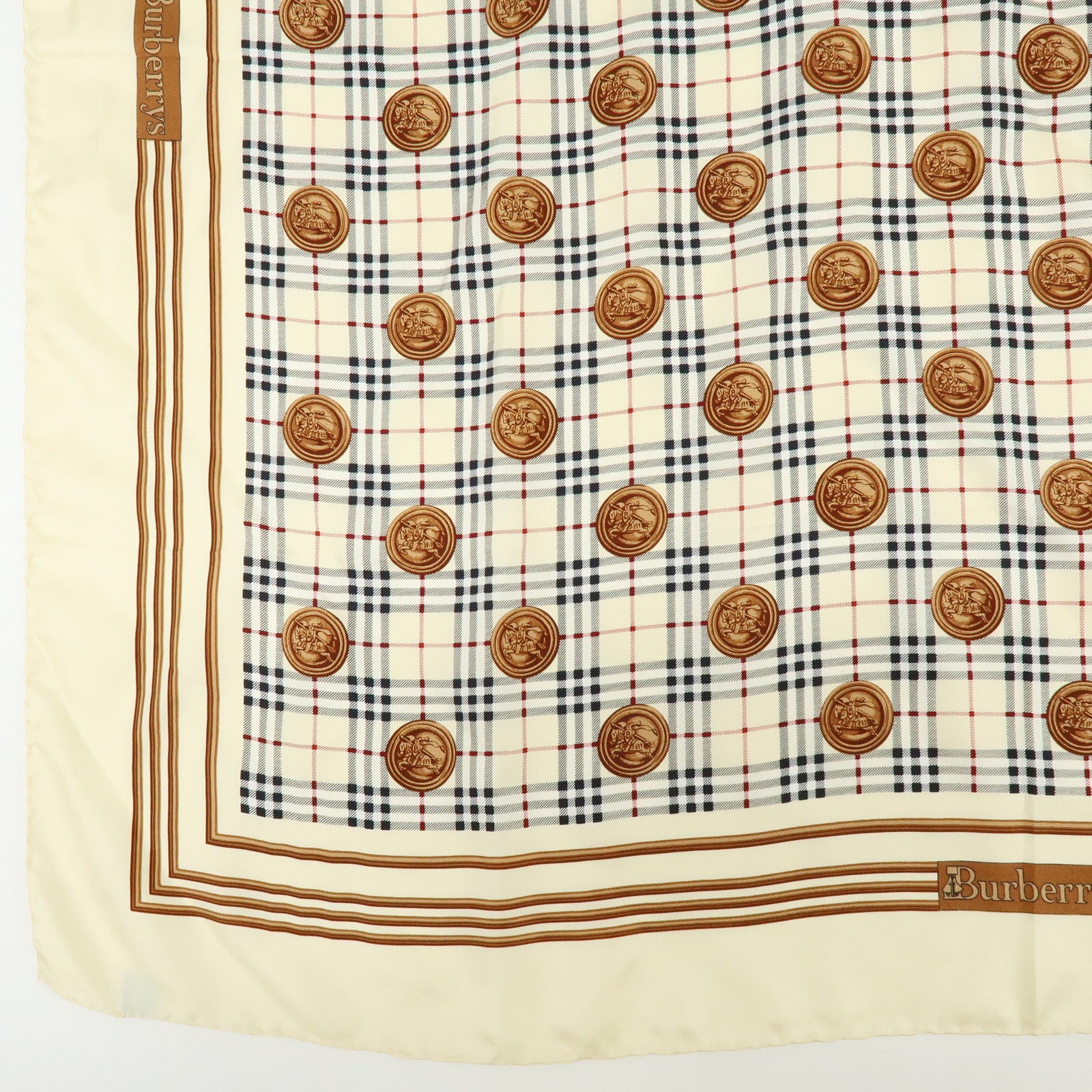 BURBERRY Nova Plaid Silk 100% Scarf Coin Motif Beige Brown