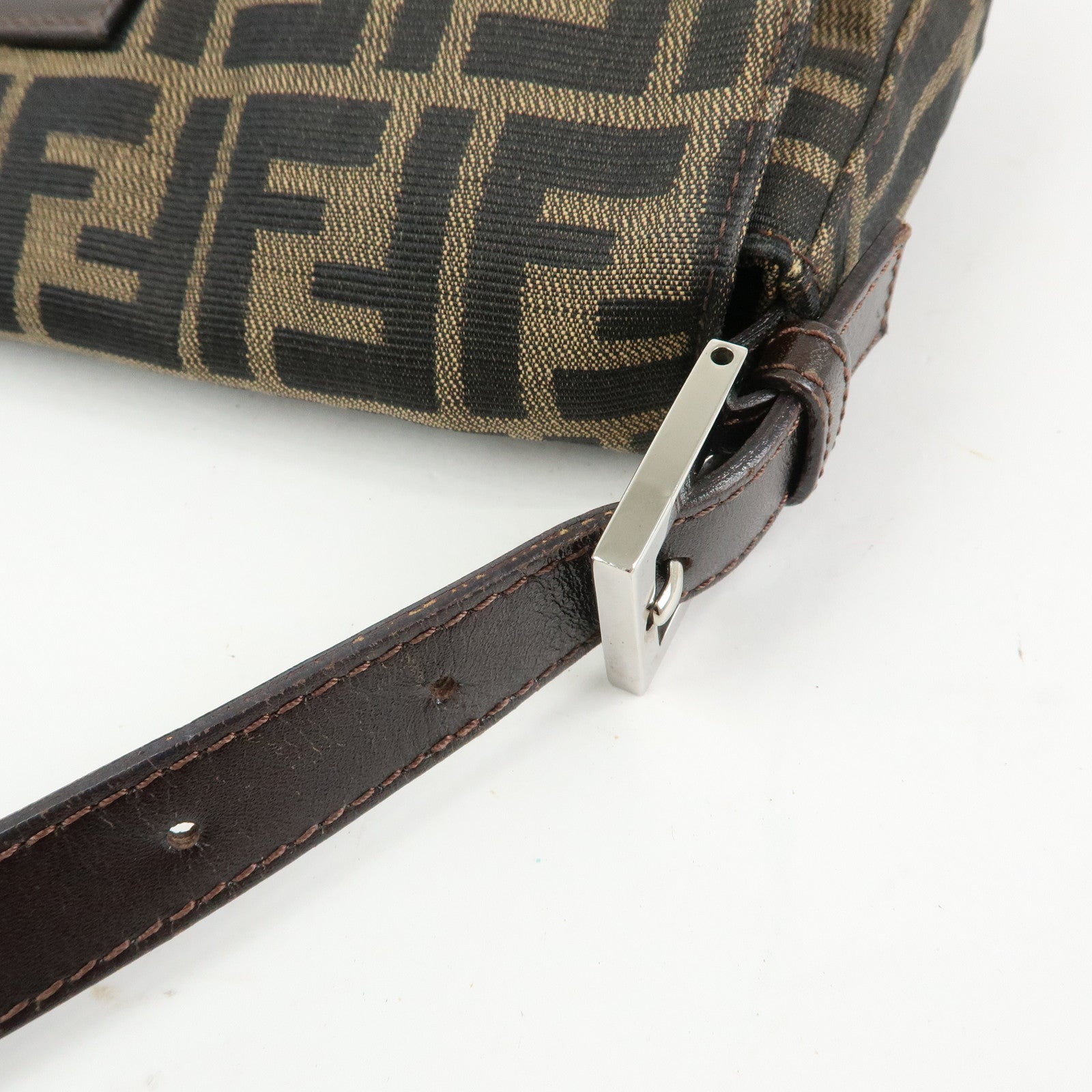 FENDI Mamma Baguette Zucca Canvas Leather Shoulder Bag Brown 26424