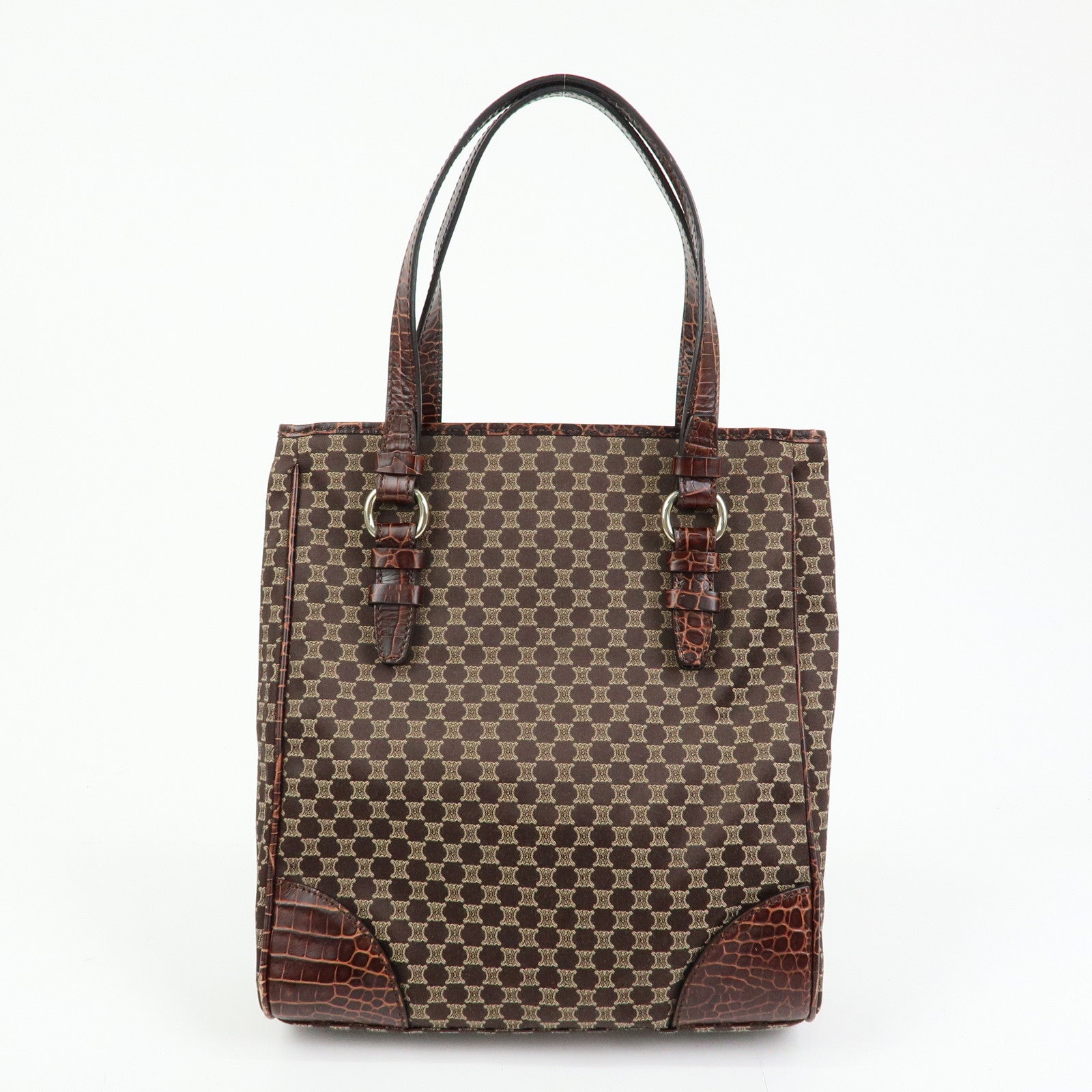 CELINE Macadam Embossed Leather Canvas Tote Bag Hand Bag Brown