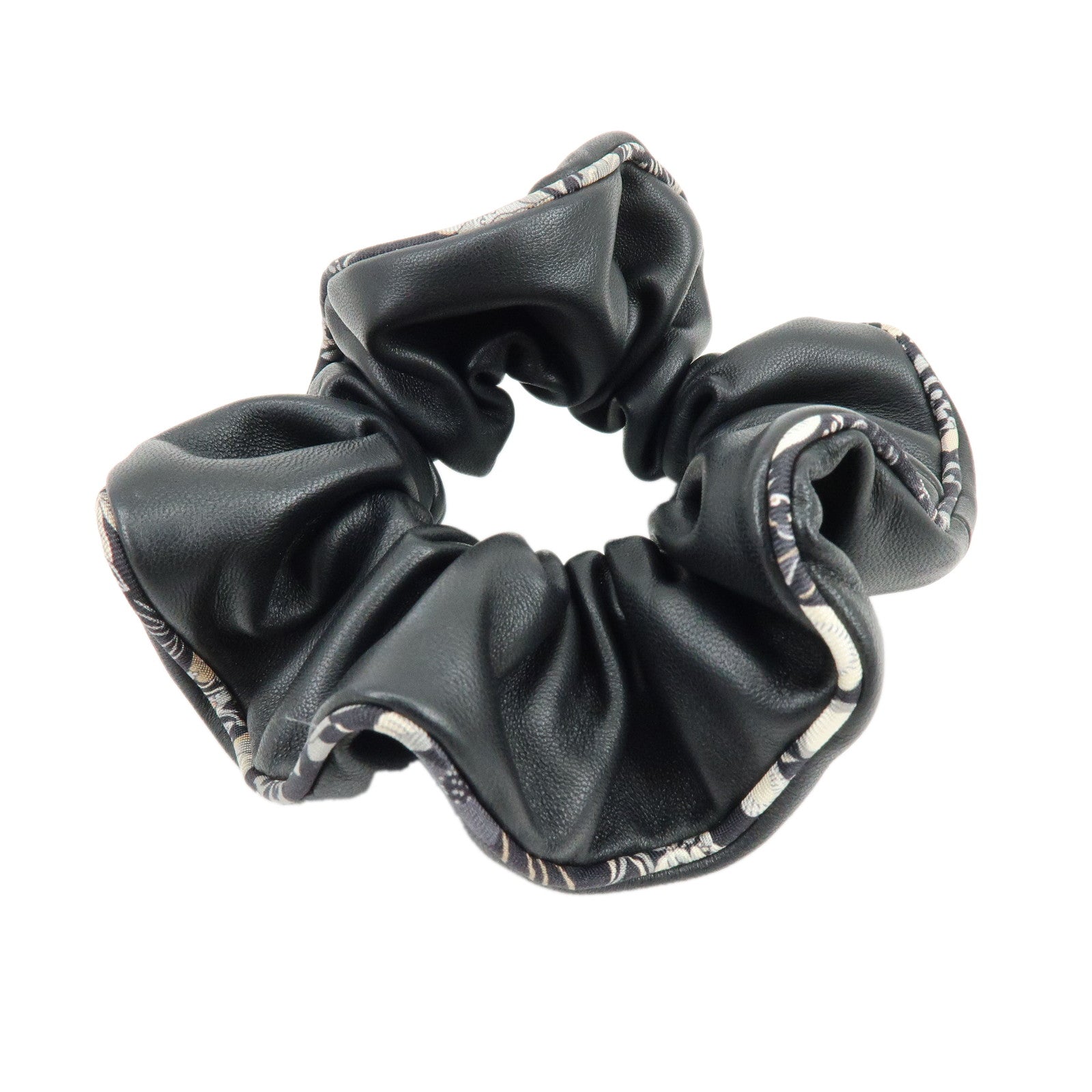 HERMES Agneau Milo Lamb Leather Scrunchie Hair Accessory Black White