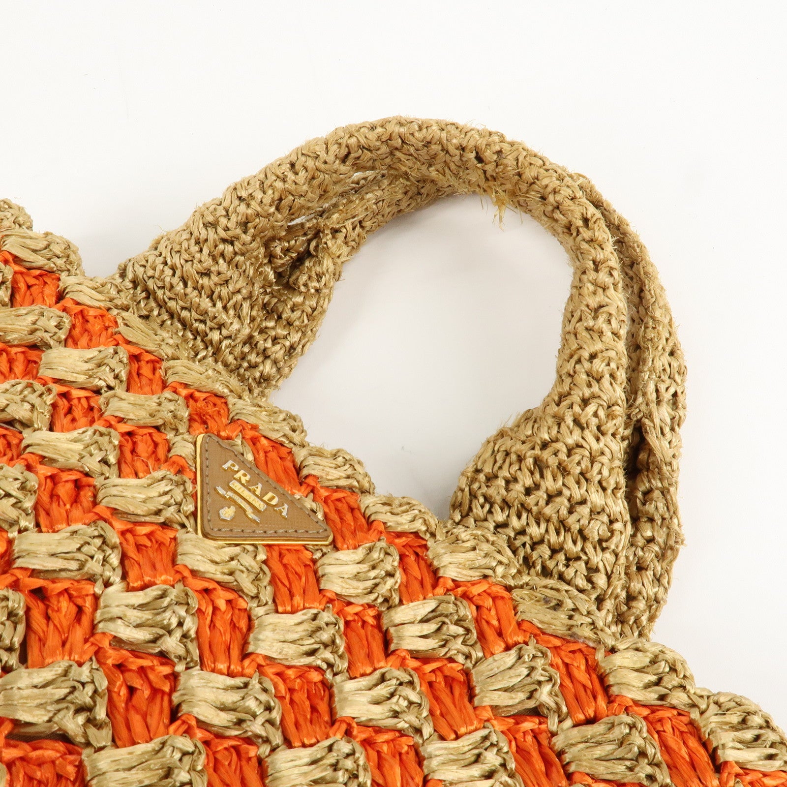 PRADA Triangl Logo Braded Tote Bag Hand Bag Orange Beige Used