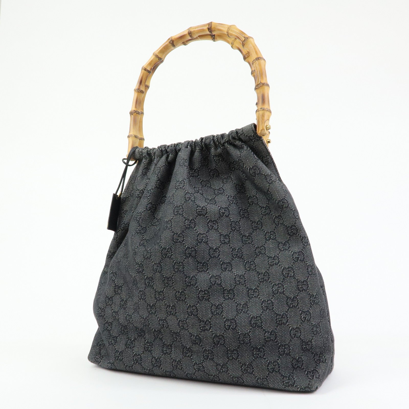 GUCCI Bamboo GG Monogram Denim Shoulder Bag Hand Bag Black 92709