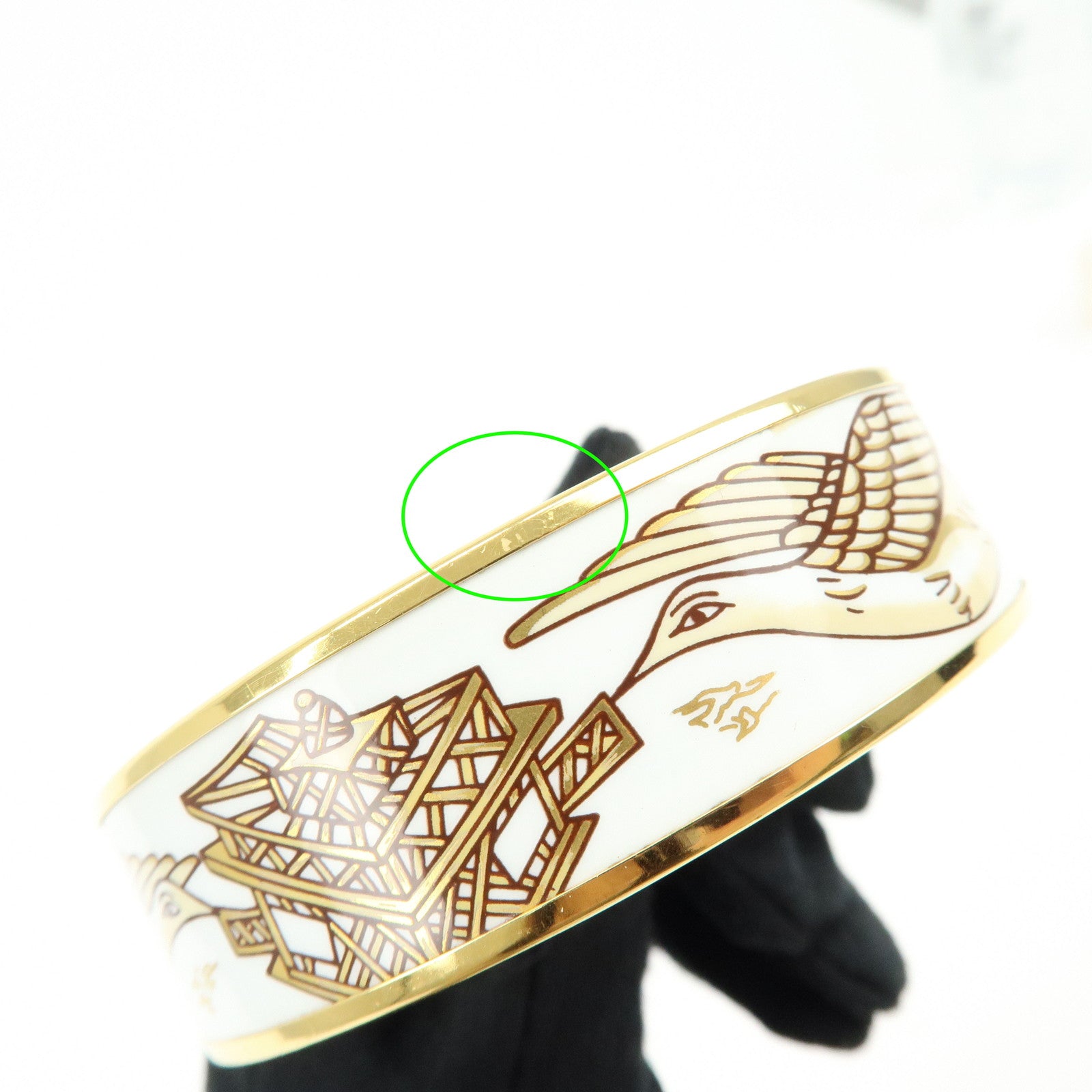 HERMES Email GM Gold Plated Bangle Bracelet Bird White Gold
