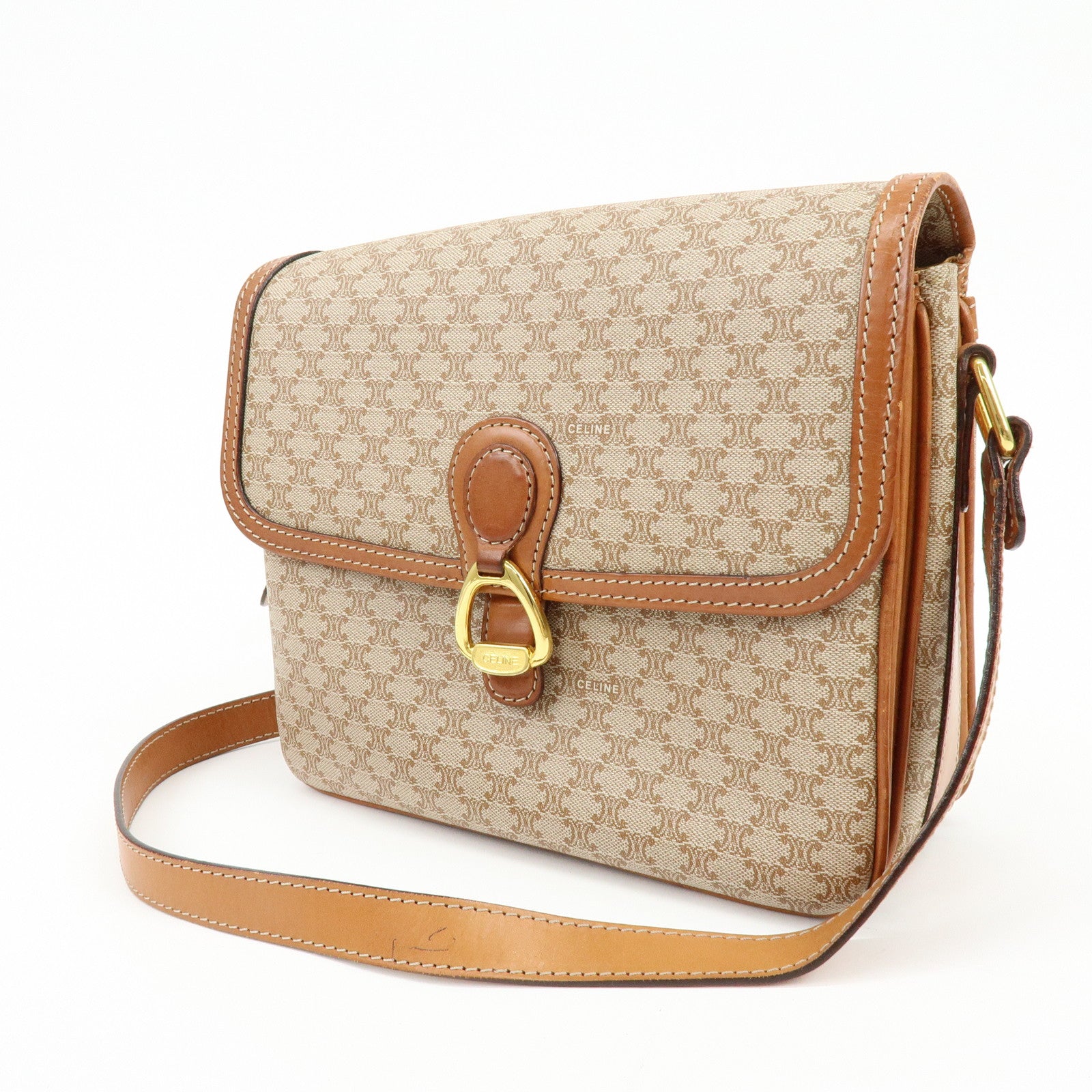 CELINE Macadam PVC Leather Shoulder Bag Crossbody Bag Brown Beige