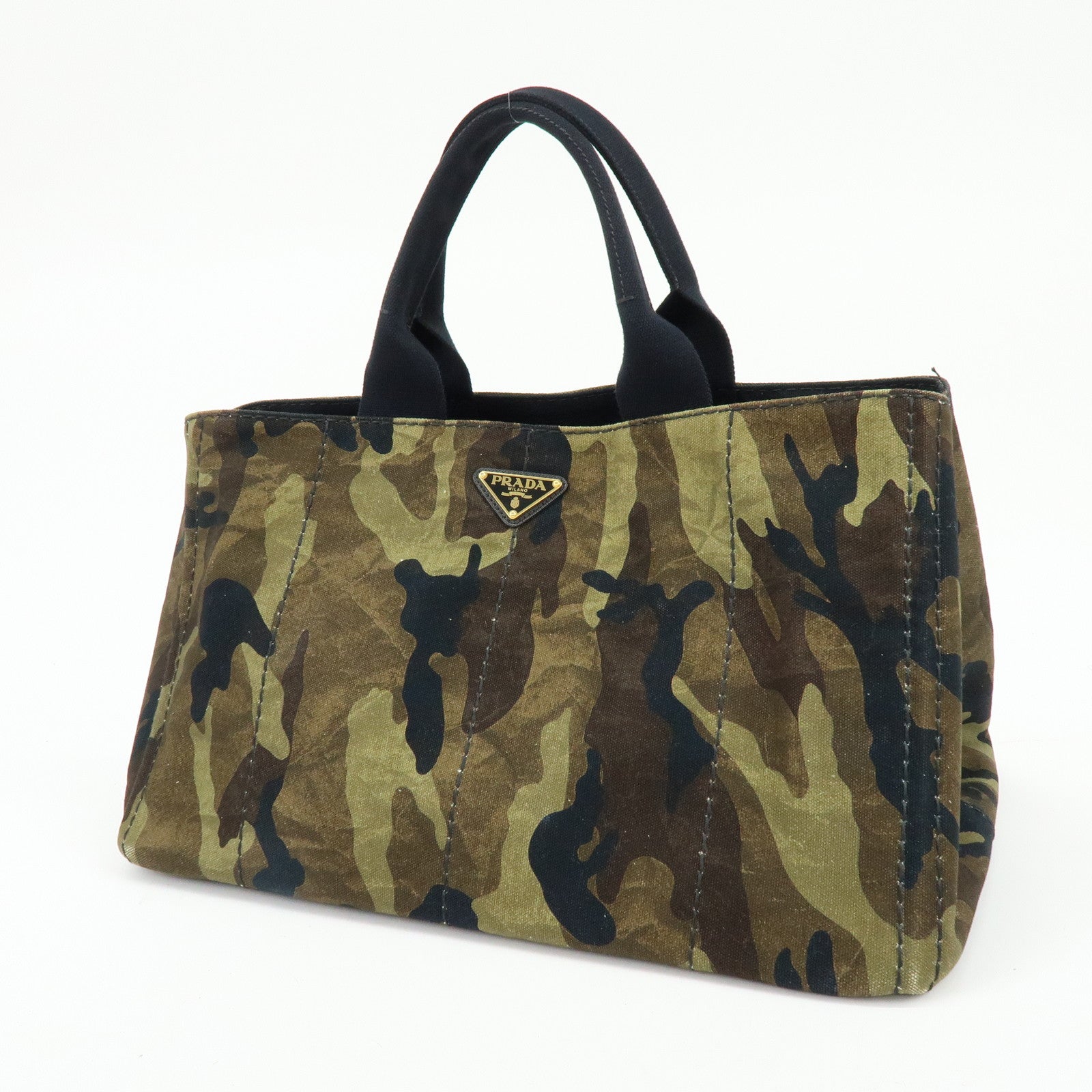 PRADA Canapa Triangle Logo Canvas Tote Bag Camouflage Khaki BN2020