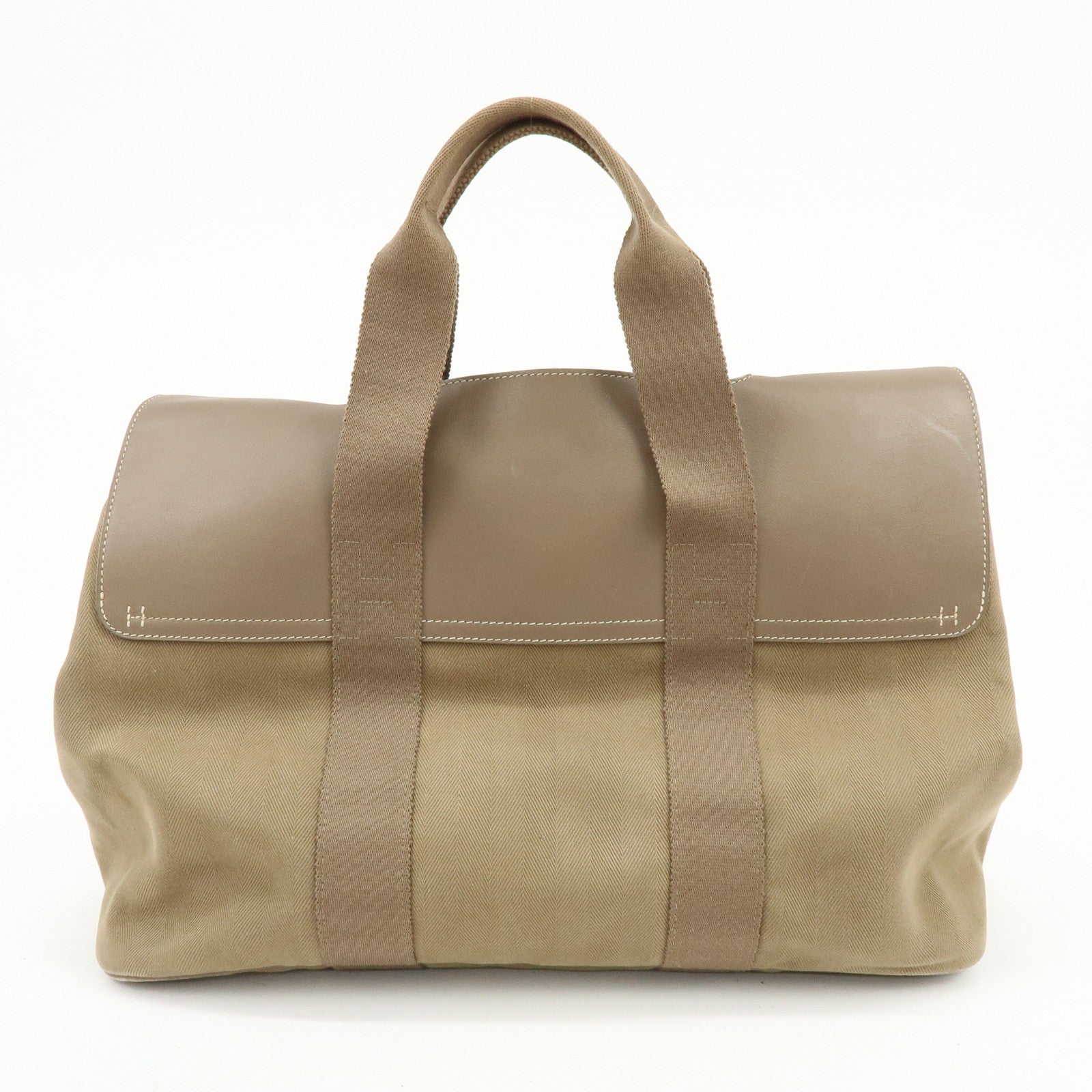 HERMES Valparaiso Toile Chevron Leather MM Hand Tote Bag Beige