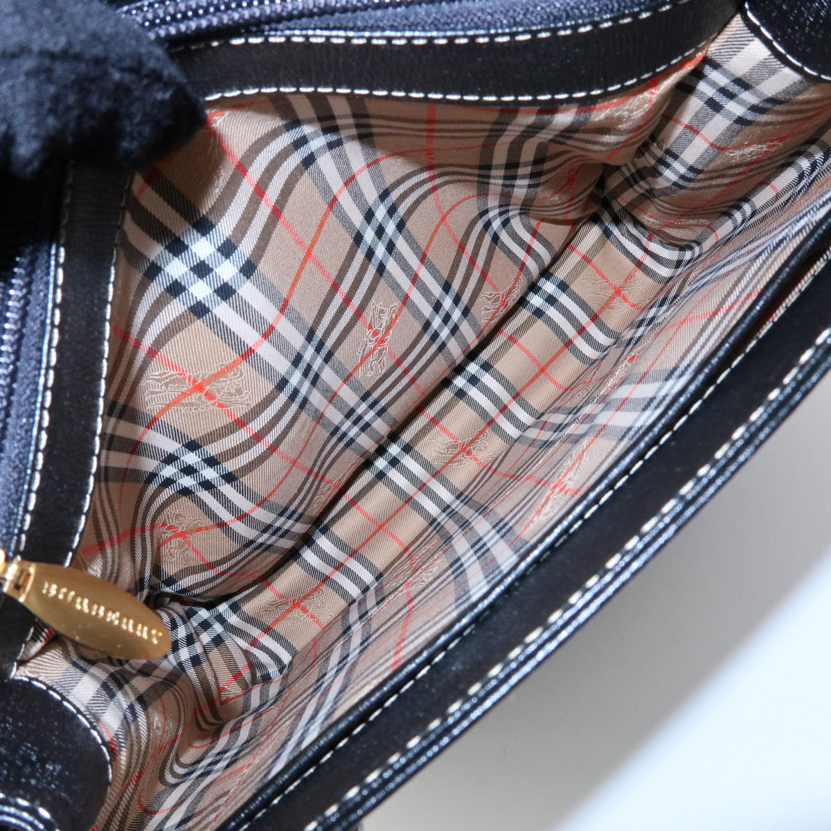 BURBERRY Nova Plaid Leather Hand Bag Tote Bag Side Belt Black