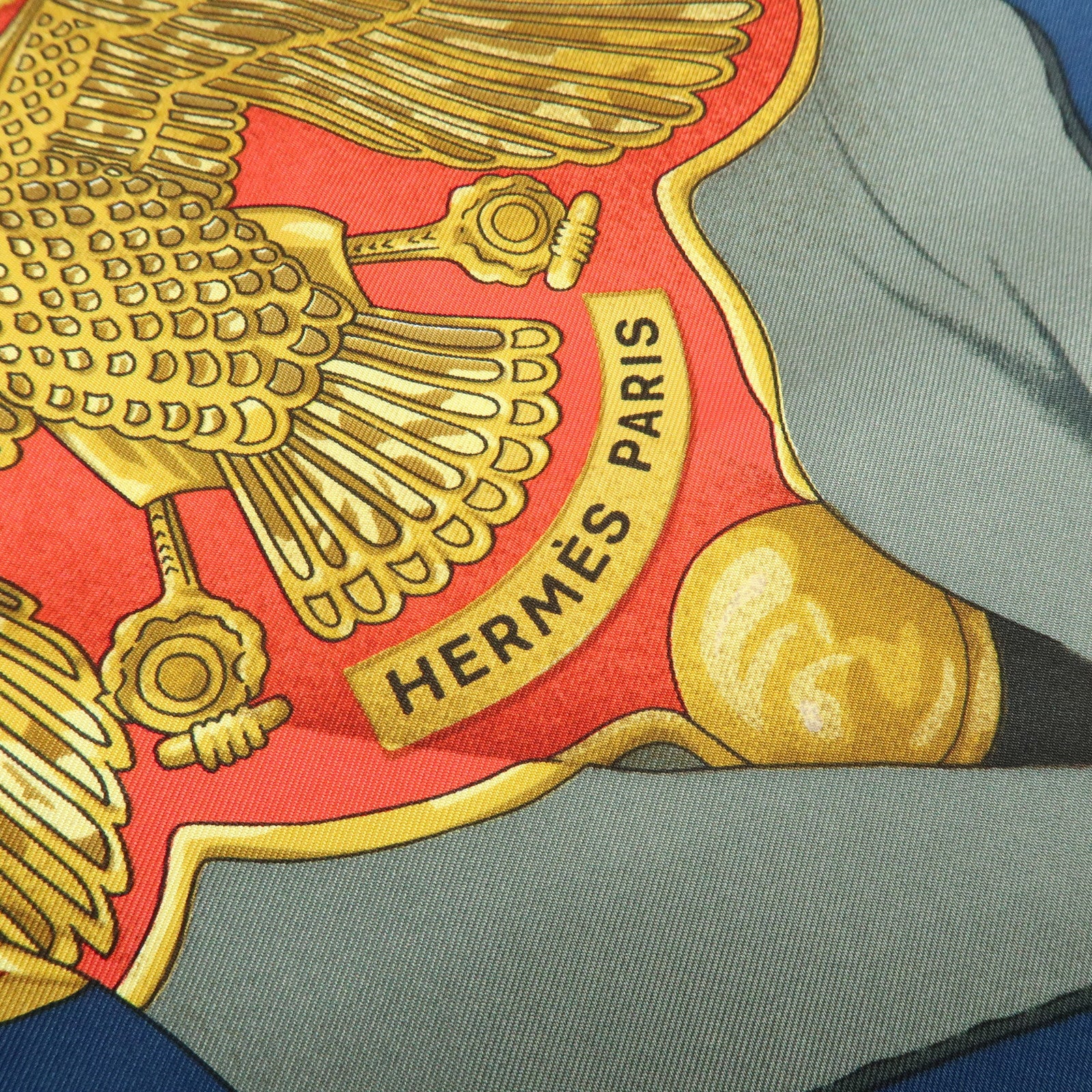 HERMES Carre 90 Silk 100% Scarf Soleil de Soie Red Navy Gold