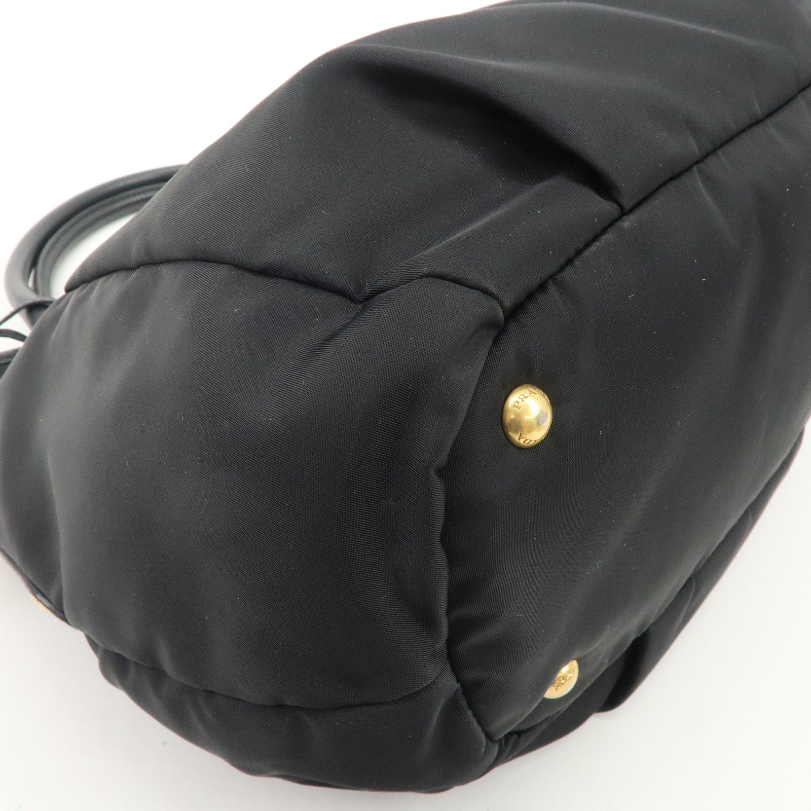 PRADA Logo Nylon Leather 2way Tote Bag Hand Bag Black Gold Hardware Used