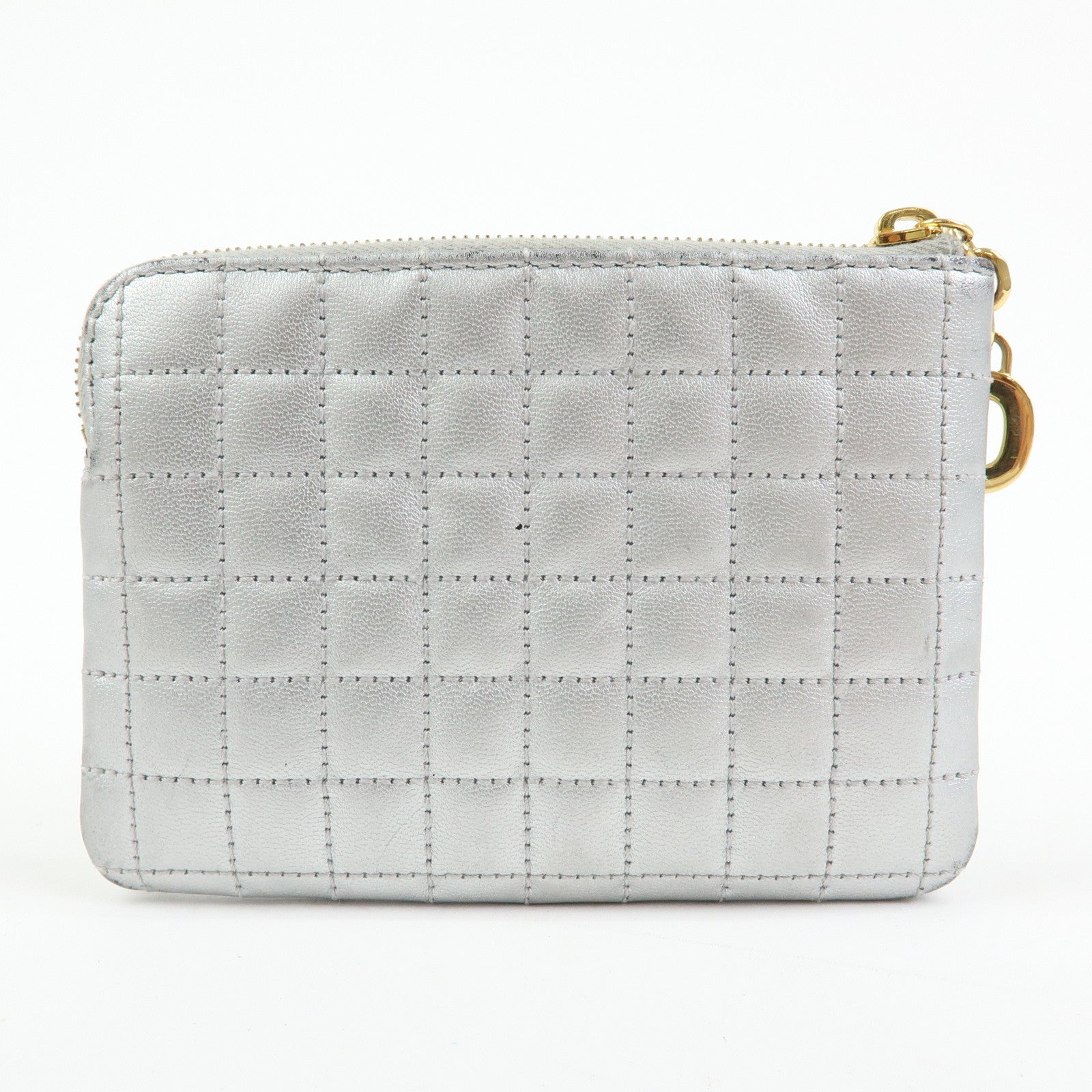 CELINE Leather C Charm Coin Case Coin Purse Metallic Silver