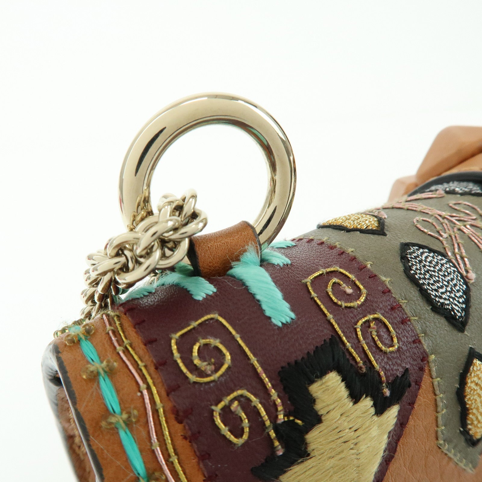VALENTINO Glam Lock Embroidery Leather Chain Shoulder Bag Brown