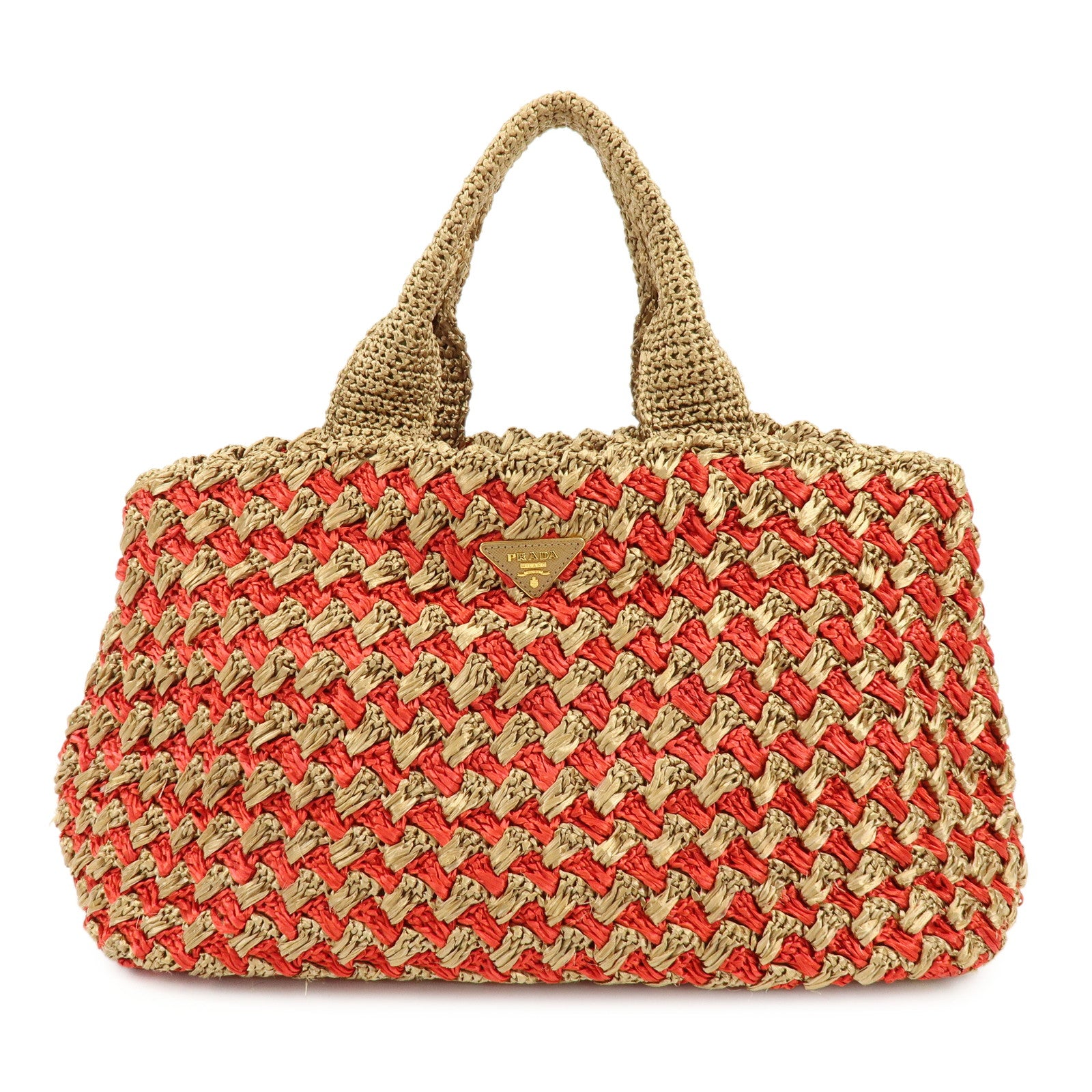PRADA Canapa Large Triangle Logo Raffia Tote Bag Natural Red BN2302