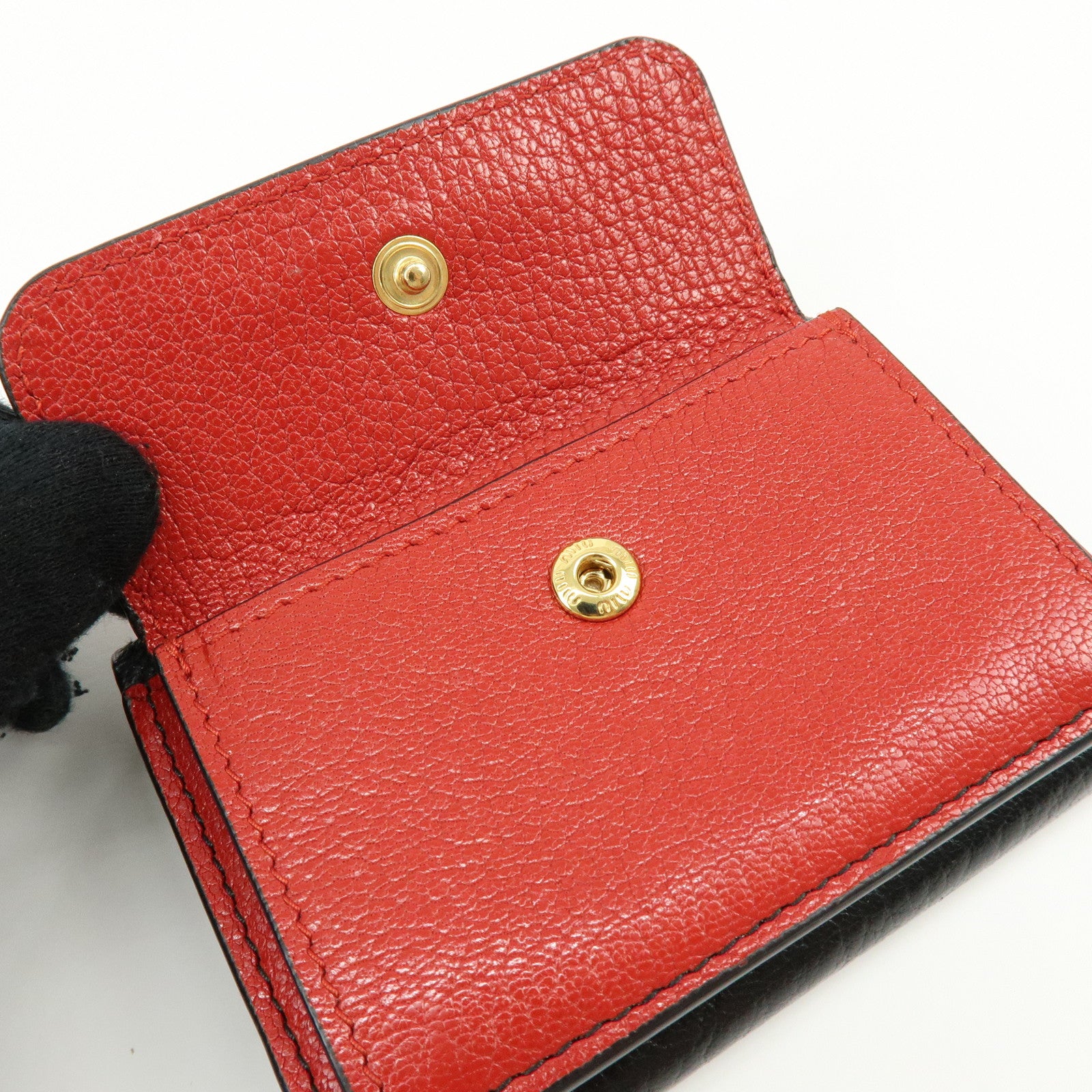 MIU MIU Logo Madras Leather Tri-fold Compact Wallet Red Black 5MH020