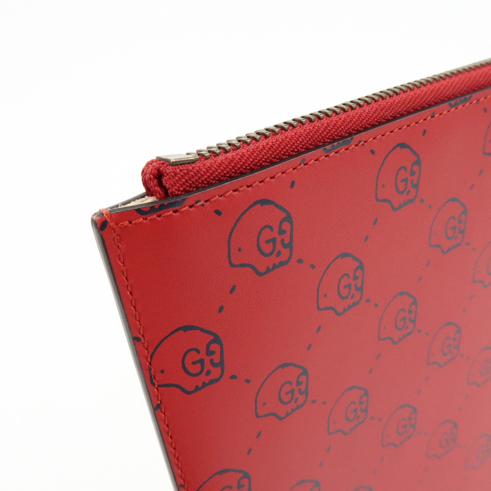 GUCCI Leather Gucci Ghost Skull Print Clutch Bag Flat Pouch Red 457010