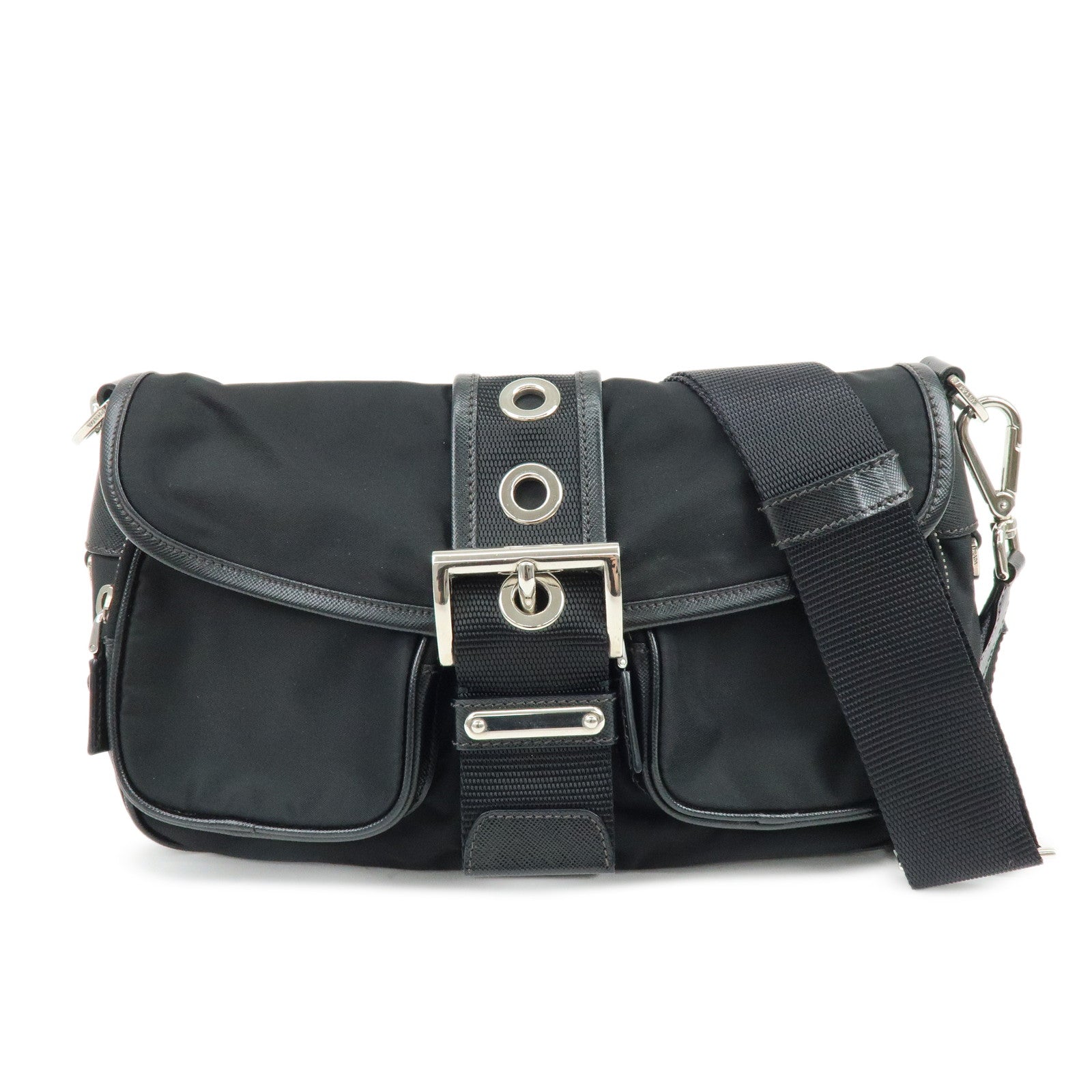 PRADA Triangle Logo Nylon Saffiano Leather Shoulder Bag Black BT0464