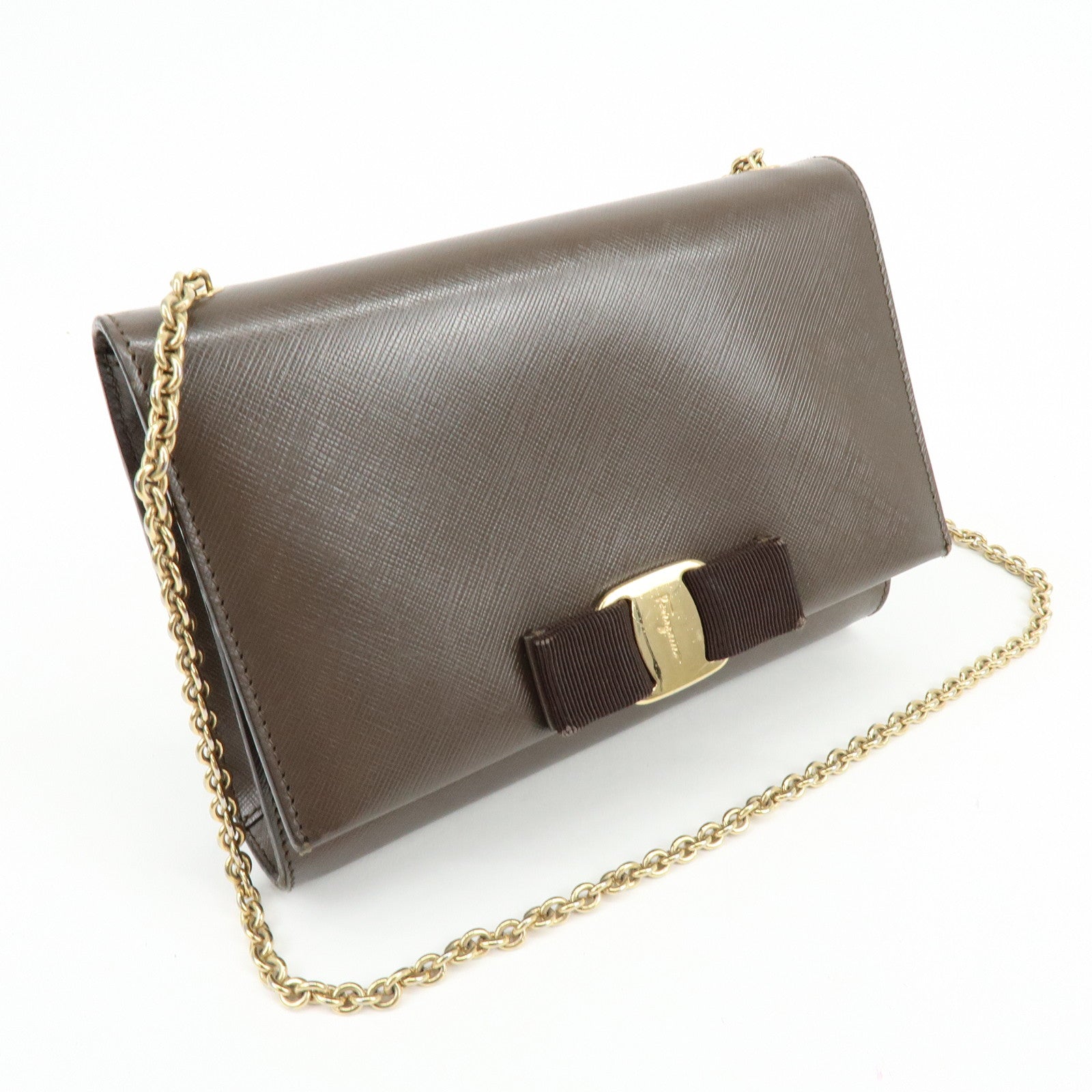 Ferragamo Vara Ribbon Embossed Leather Chain Shoulder Bag Brown