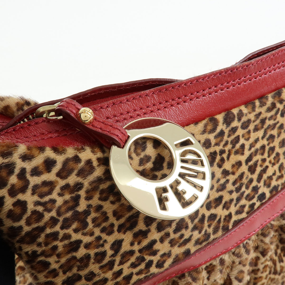 FENDI Pony Hair Leather Leopard Shoulder Bag Hand Bag Brown Red 8BR448