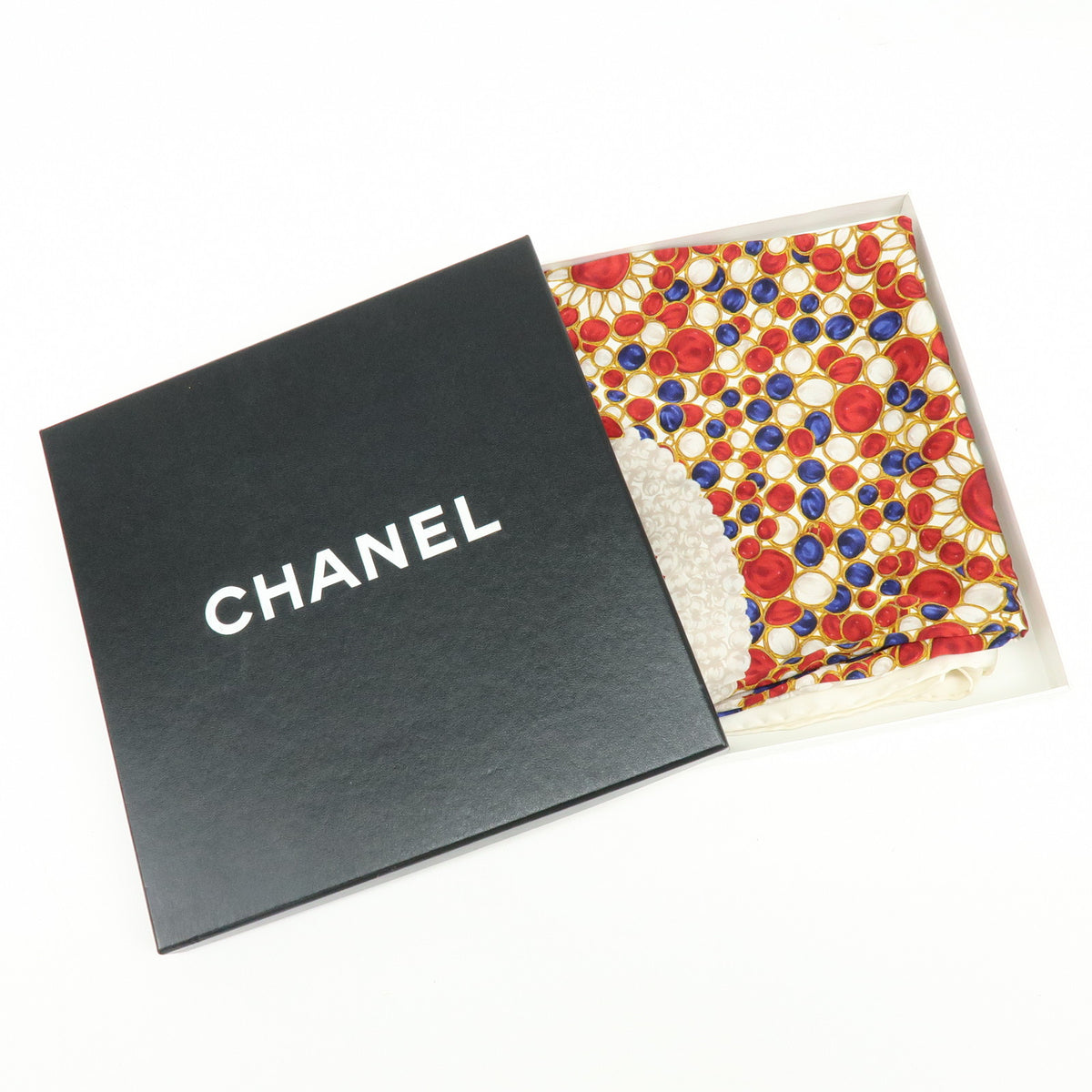 CHANEL COCO Mark Silk 100% Scarf Pearl Jewerly Motif White Red Blue