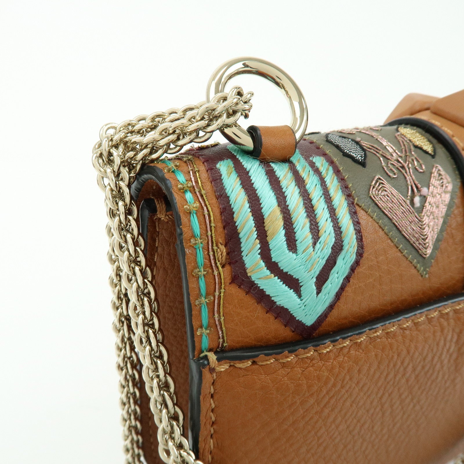 VALENTINO Glam Lock Embroidery Leather Chain Shoulder Bag Brown