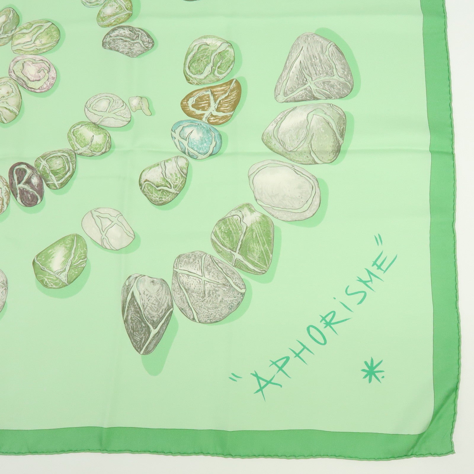 HERMES Carre 90 Silk 100% Scarf APHORISME Pebble Motif Light Green Gray