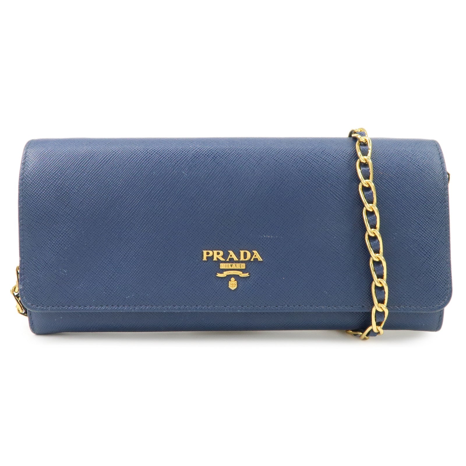 PRADA Logo Leather Chain Wallet WOC Blue Gold Hardware 1MT290 Used