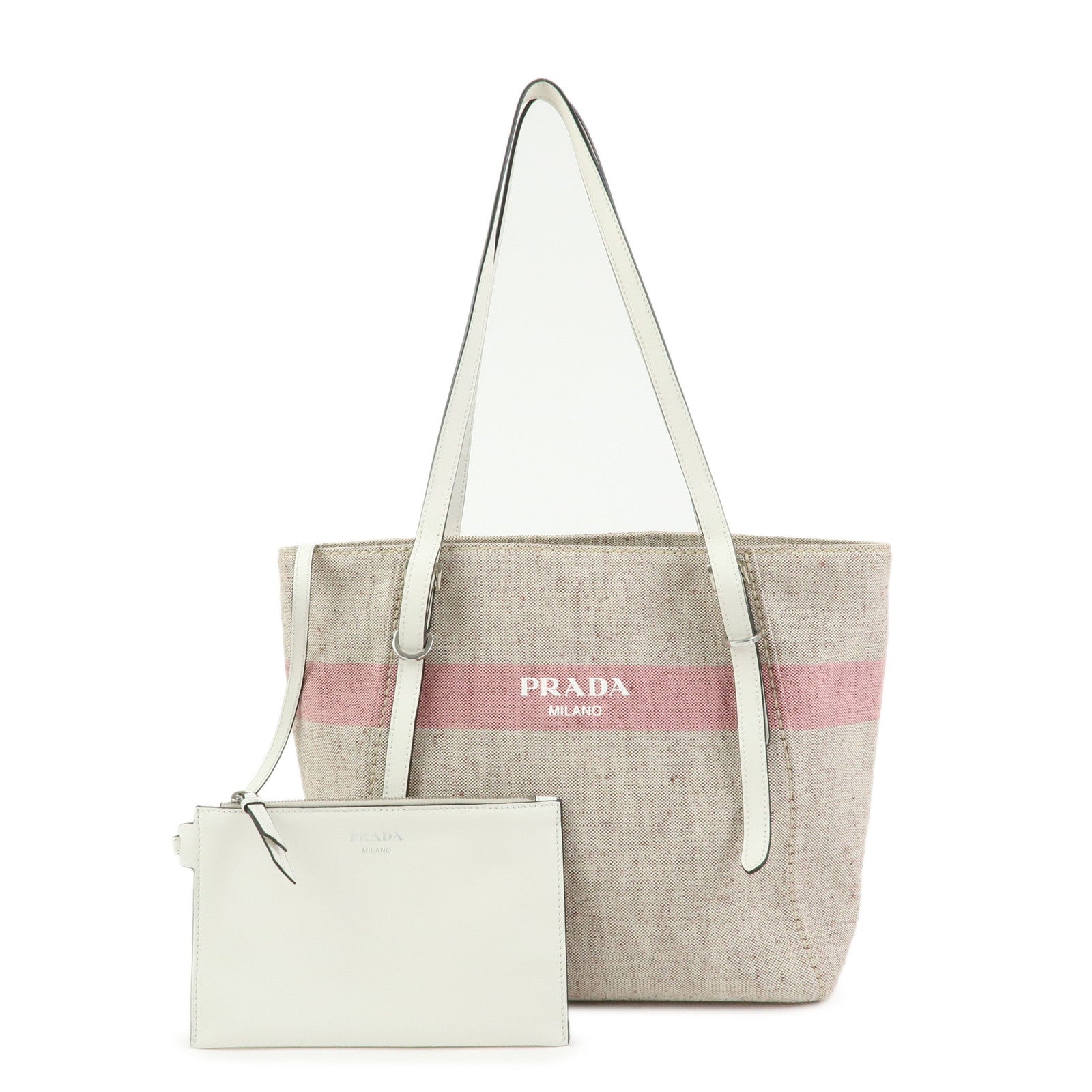 PRADA Logo Canvas Leather Tote Bag Shoulder Bag Natural Pink