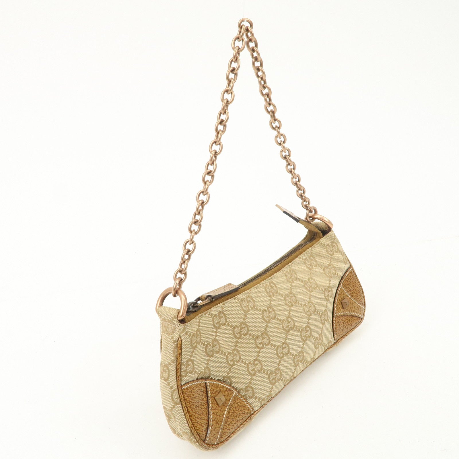 GUCCI GG Canvas Leather Chain Hand Bag Pouch Beige Brown 120940 Used
